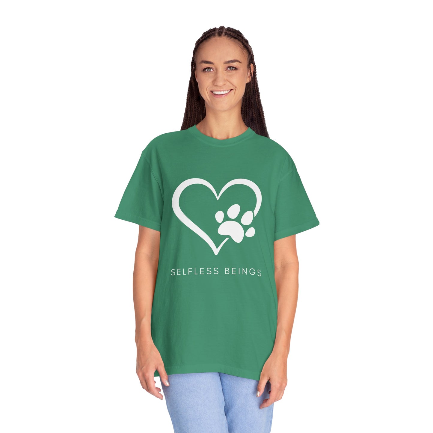 Unisex Dog Lover T-Shirt With Graphic of Heart Whose Right Side Contains Dog Paw's Print and Caption Selfless Beings