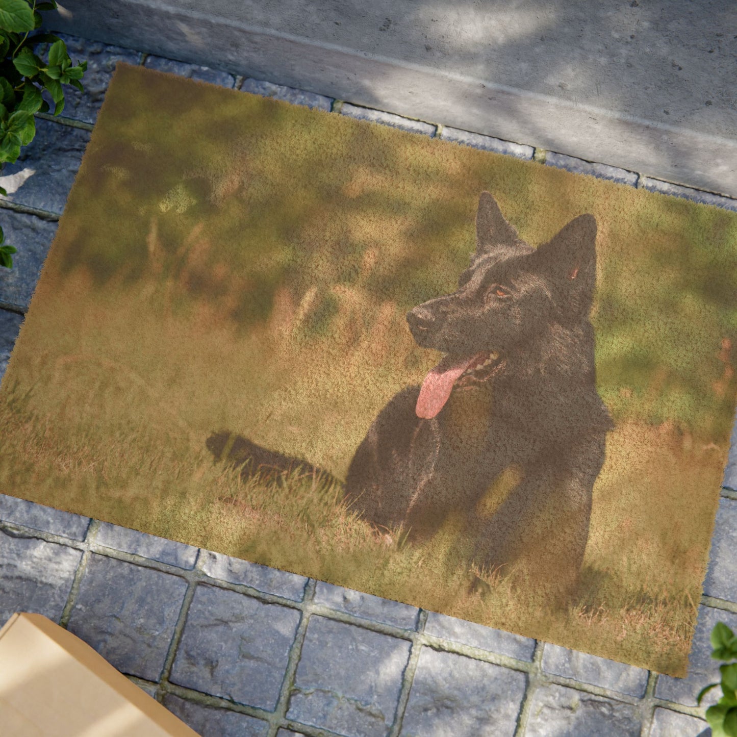Dog Lovers Doormat Featuring a Solid Black German Shepherd Resting on the Grass With a Hanging Tongue
