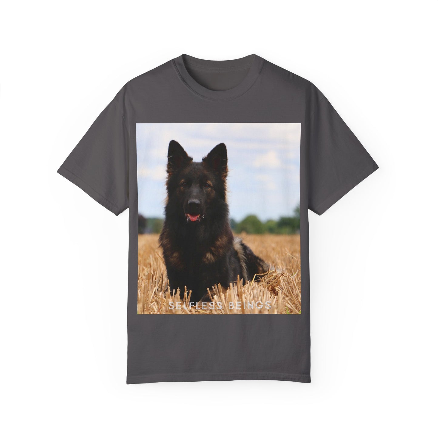 Unisex Dog Lover T-Shirt With Beautiful German Shepherd Sitting Over a Stover and Caption Selfless Beings