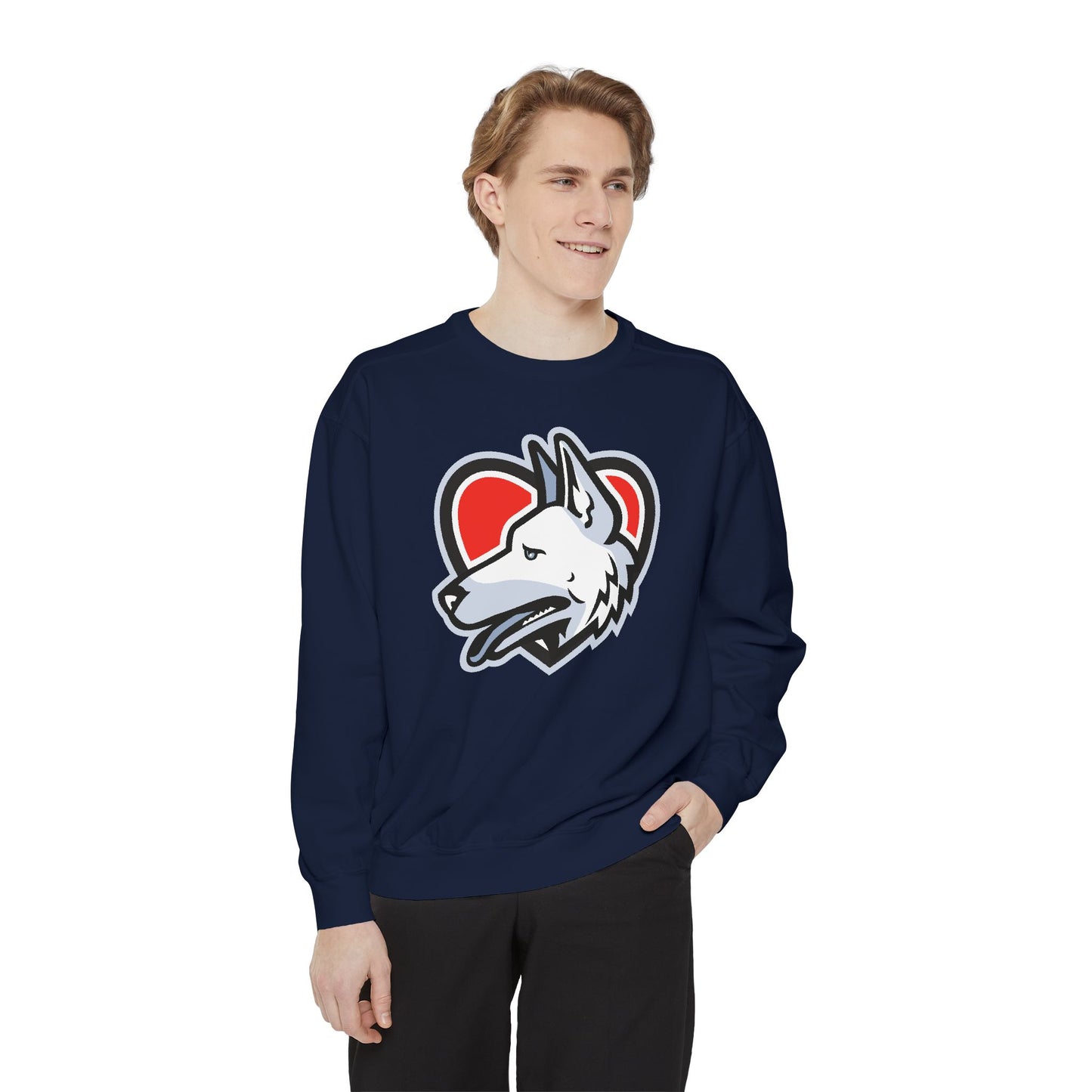 Unisex Dog Lover Sweatshirt With a Close Up Graphic of German Shepherd Placed Inside Red Heart