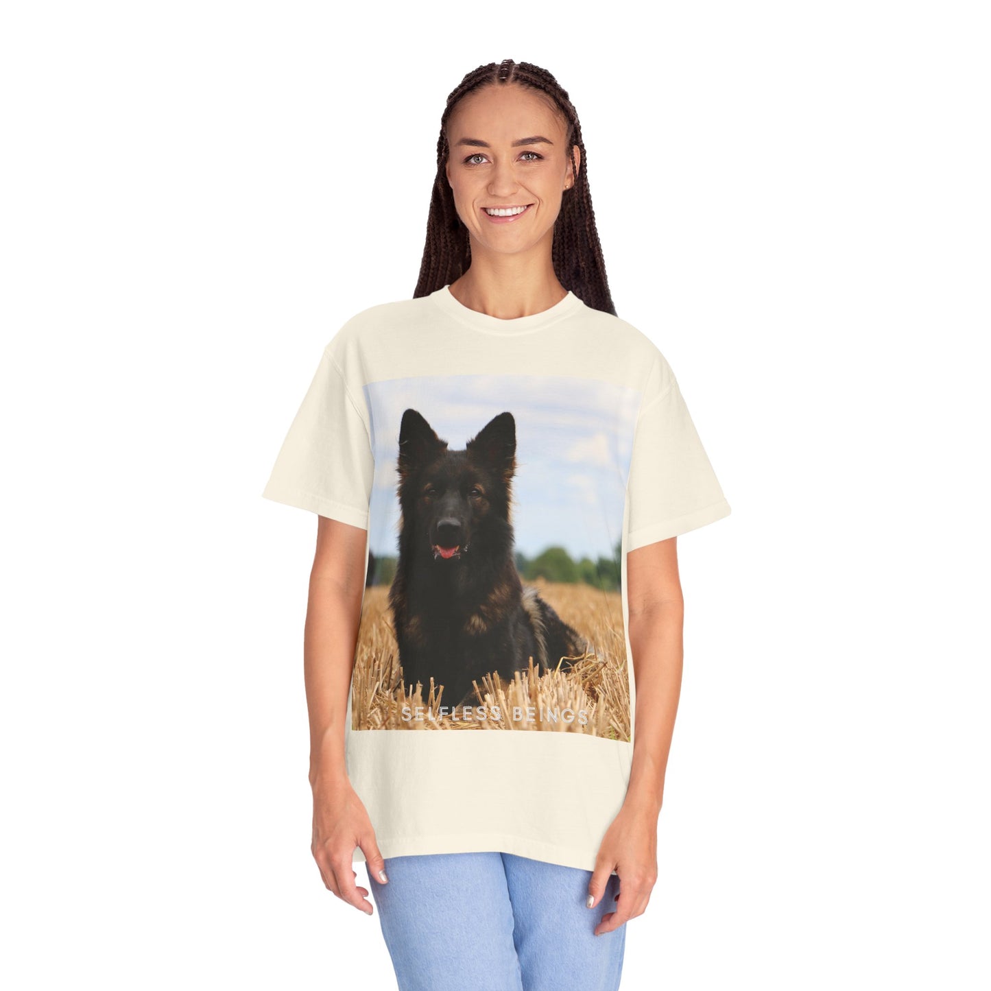 Unisex Dog Lover T-Shirt With Beautiful German Shepherd Sitting Over a Stover and Caption Selfless Beings
