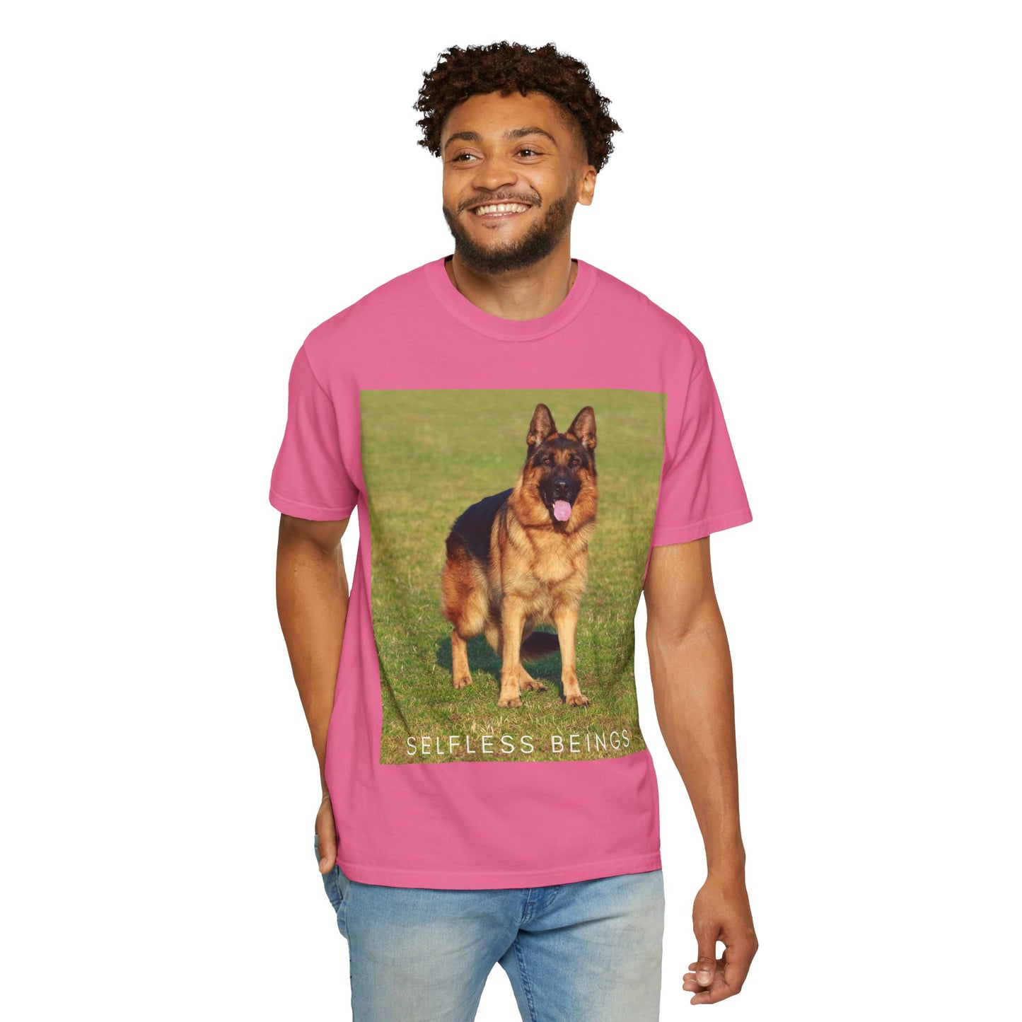 Unisex Dog Lover T-shirt With a German Shepherd on the Sports Grass Field and Caption Selfless Beings