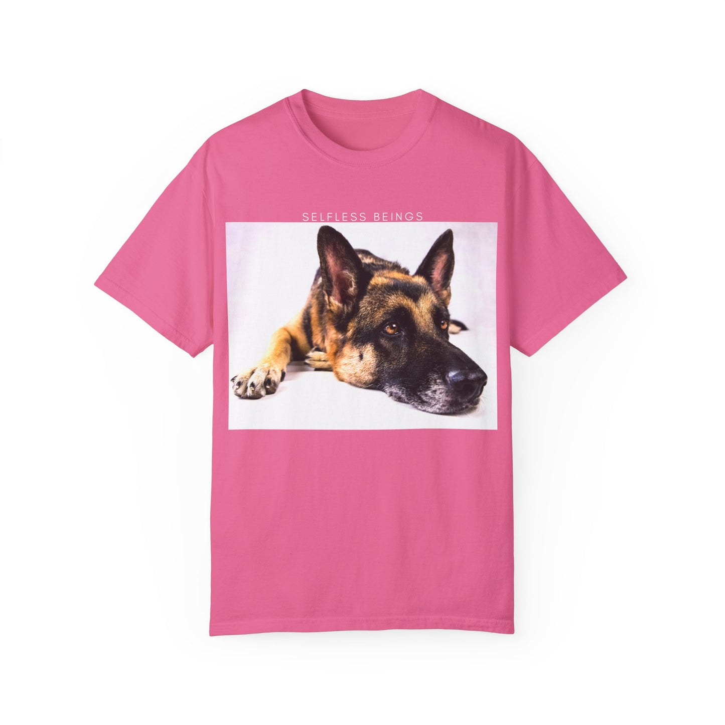 Unisex Dog Lover T-Shirt With Close Up of Bored German Shepherd Laying His Head On the Floor and Caption Selfless Beings