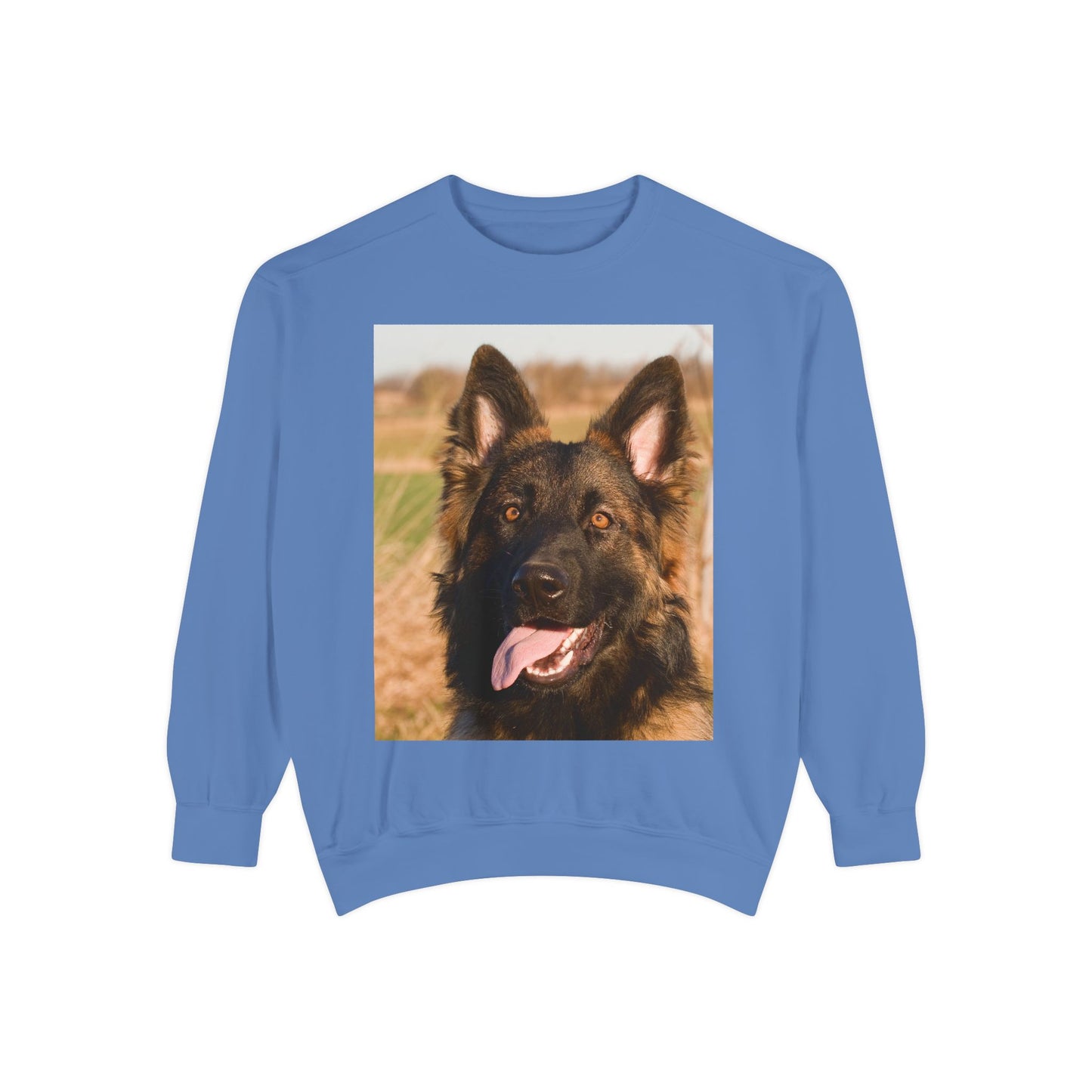 Unisex Dog Lover Sweatshirt With Close Up of Long Coat German Shepherd Sticking Tongue Out