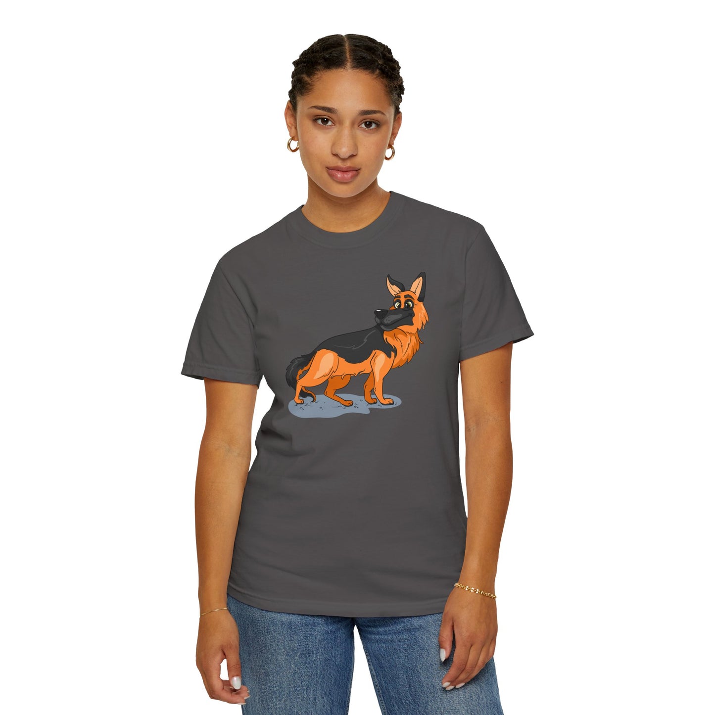 Unisex Dog Lover T-Shirt With a Cartoon of Astonished German Shepherd Turning His Head
