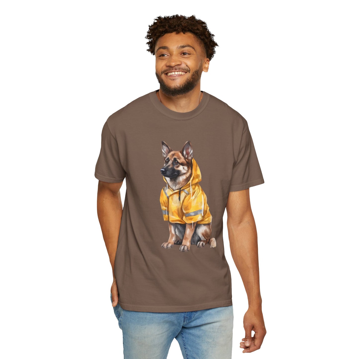 Unisex Dog Lover T-Shirt With a Graphic of German Shepherd Wearing a Yellow Rain Coat