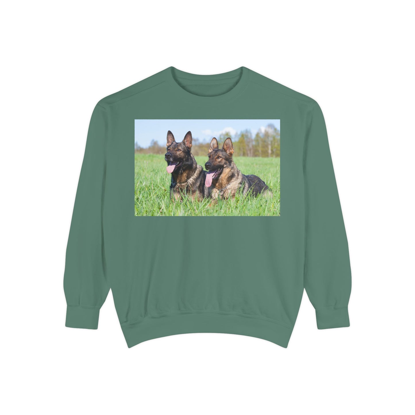 Unisex Dog Lover Sweatshirt With Two Giant German Shepherds Lying on the Grass With Tongues Out