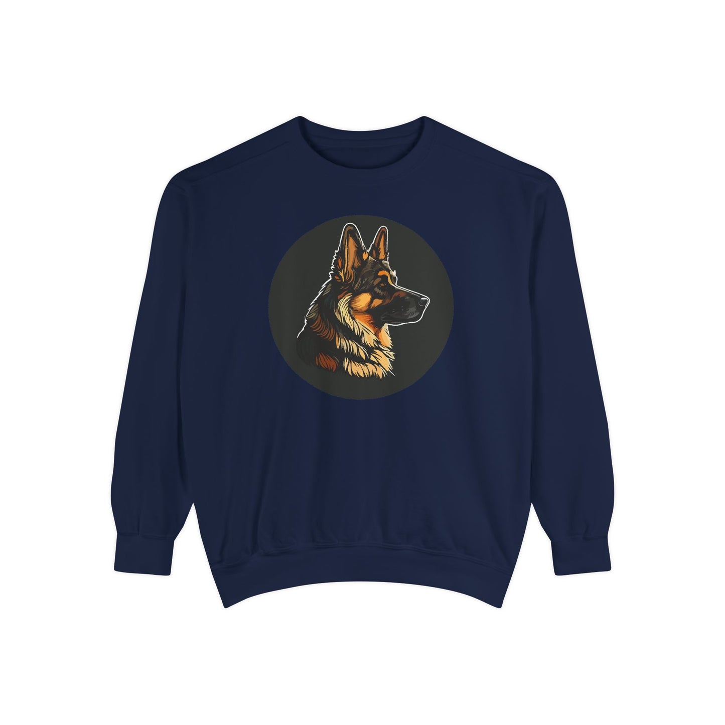 Unisex Dog Lover Sweatshirt With a Close Up Graphic of a German Shepherd Inside a Black Circle