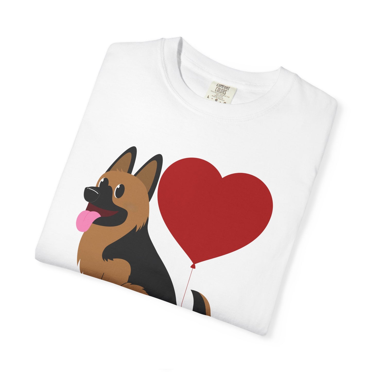 Unisex Dog Lover T-Shirt With a Graphic of German Shepherd Puppy and Heart Shaped Balloon Attached With Tail