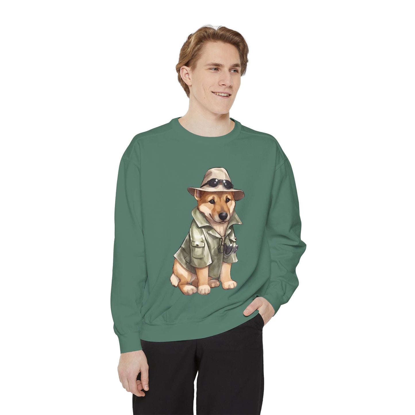 Unisex Dog Lover Sweatshirt With a Graphic of German Shepherd Wearing Detector's Hat and Costume