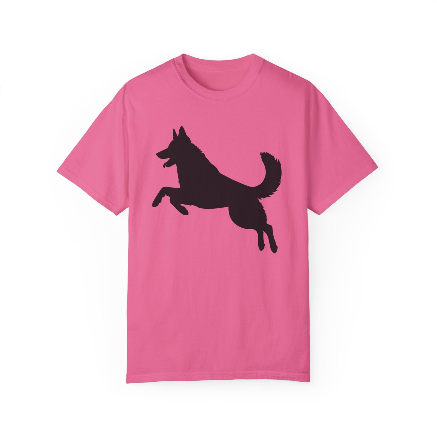Unisex Dog Lover T-Shirt With a Graphic of Solid Black German Shepherd Jumping in the Air