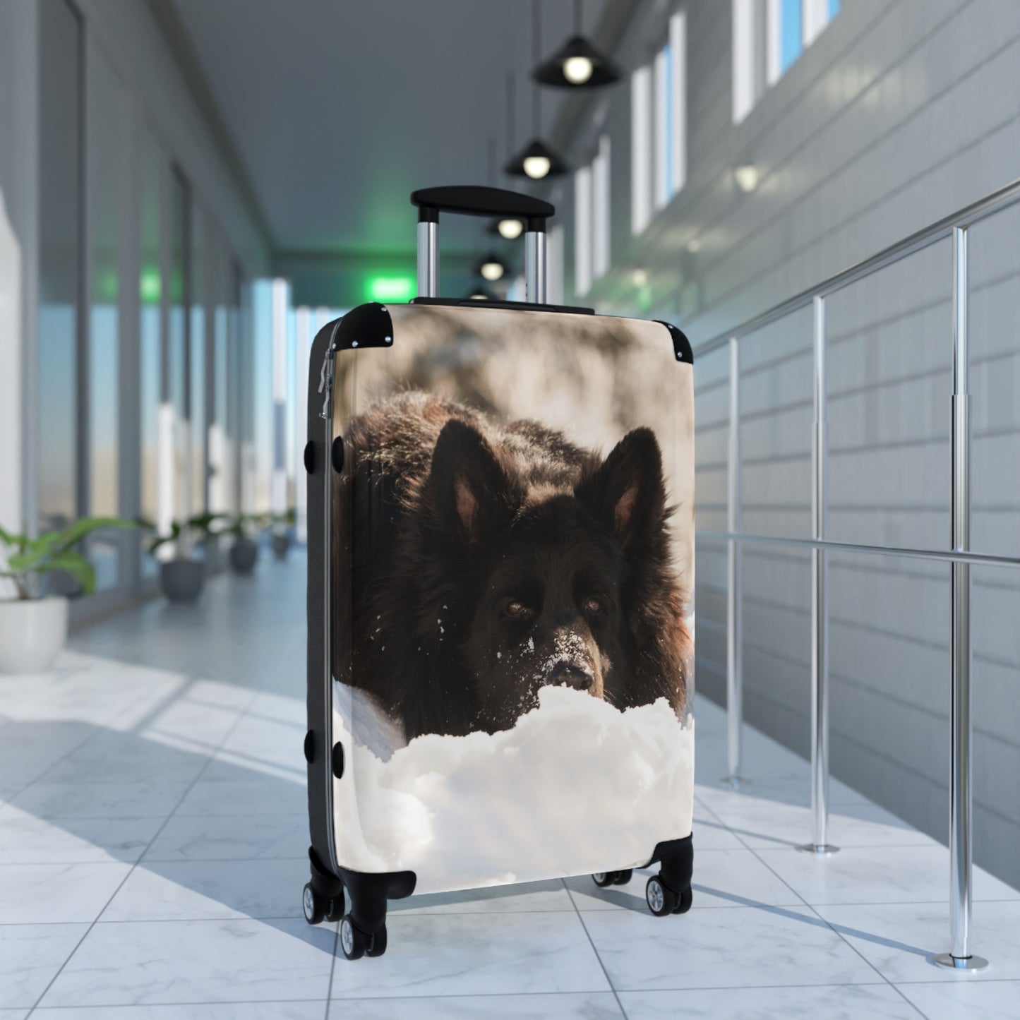 Winter Wonderland Dog Suitcase - A Giant Black German Shepherd Resting on the Snow