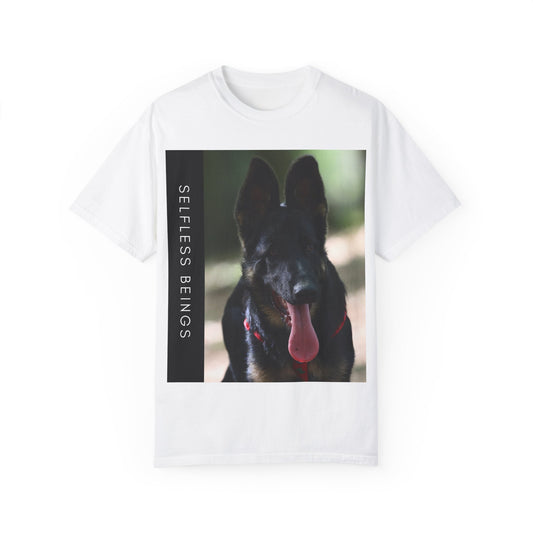 Unisex Dog Lover T-Shirt With Close Up Portrait of Slim German Shepherd Leaving His Tongue Out and Caption Selfless Beings