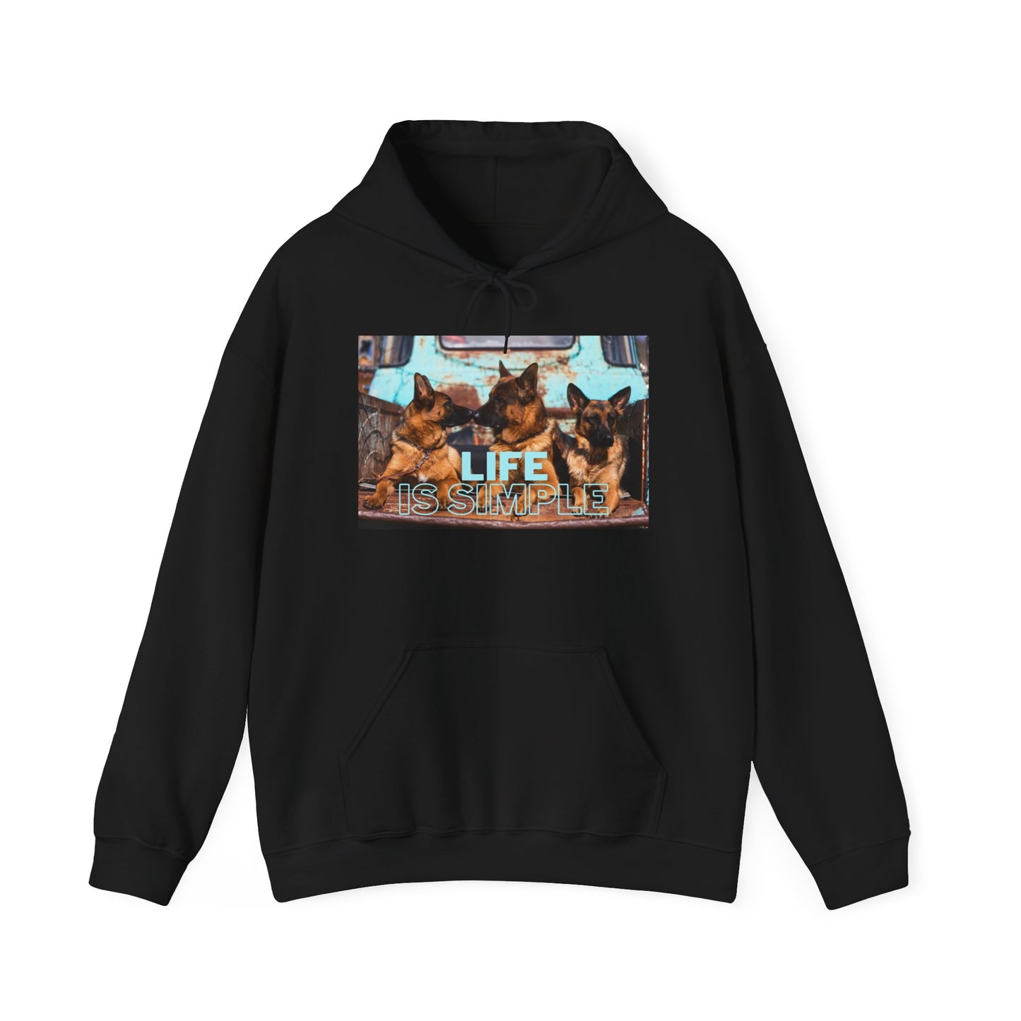 Unisex Dog Lover Hoodie With Three German Shepherds Sitting on the Truck's Cargo Bed and Caption Life is Simple