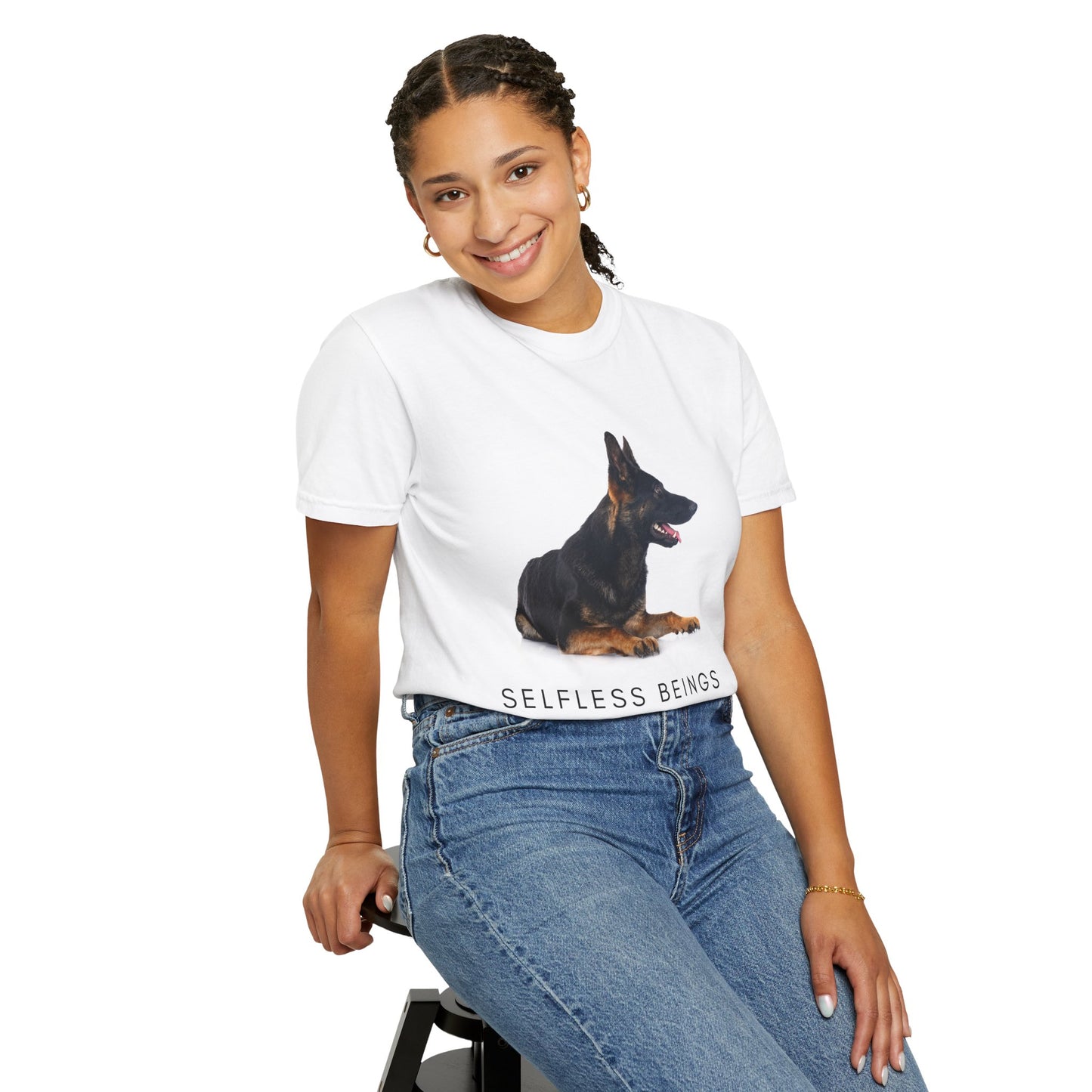 Unisex Dog Lover T-Shirt With a German Shepherd Sitting for a Pose and Caption Selfless Beings