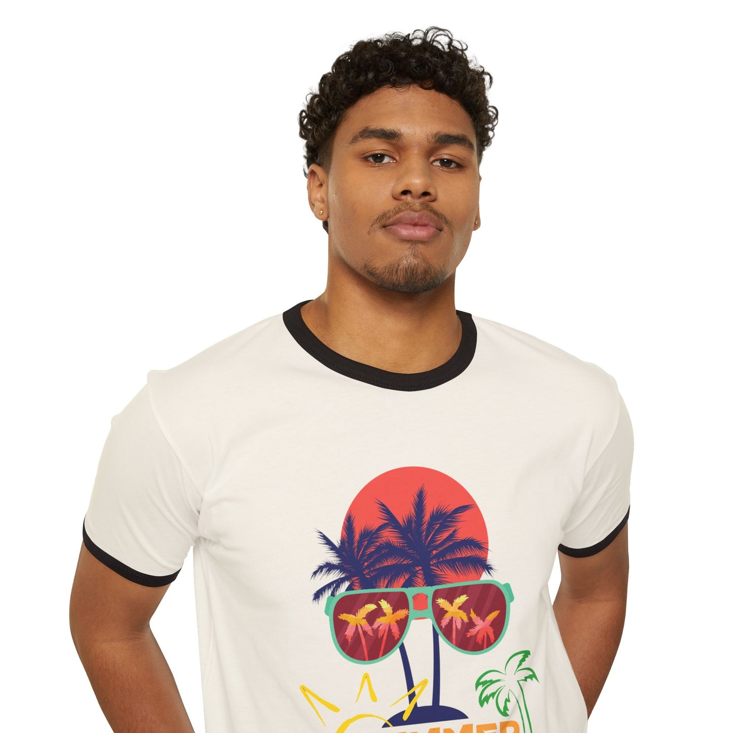 Summer Vibes Unisex Cotton Ringer T-Shirt, Fun Tropical Tee, Beachwear, Vacation Shirt, Gift for Him/Her, Summer Time Design