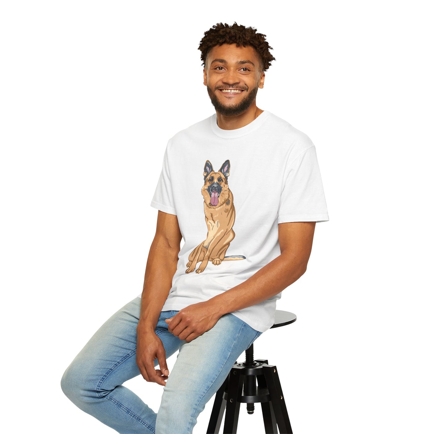 Unisex Dog Lover T-Shirt With Graphic of Giant German Shepherd Sloppily Sitting Leaving Tongue Out