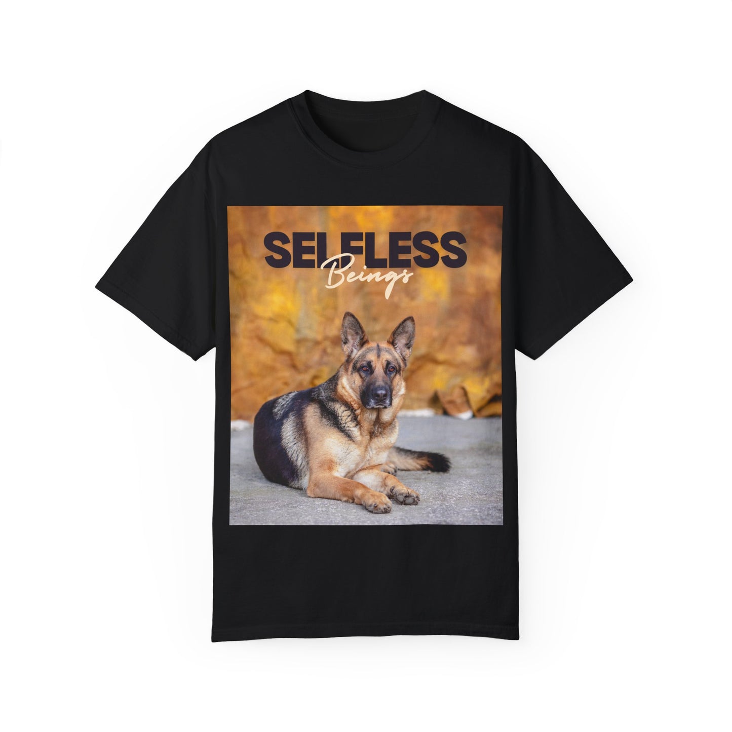 Unisex Dog Lover T-Shirt With Showline German Shepherd Posing for Camera, Autumn Background and Caption Selfless Beings