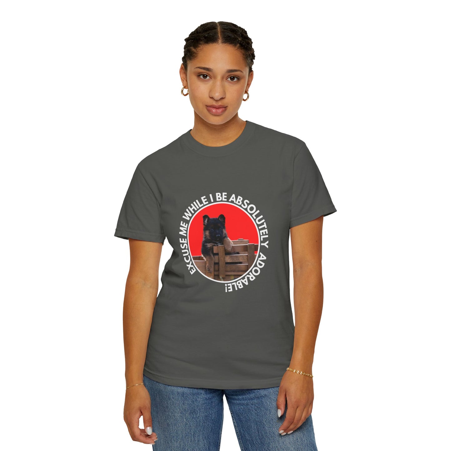 Unisex T-Shirt With Cute German Shepherd Puppy Sitting on the Toy Wooden Tractor and Caption Excuse Me While I Be Absolutely Adorable
