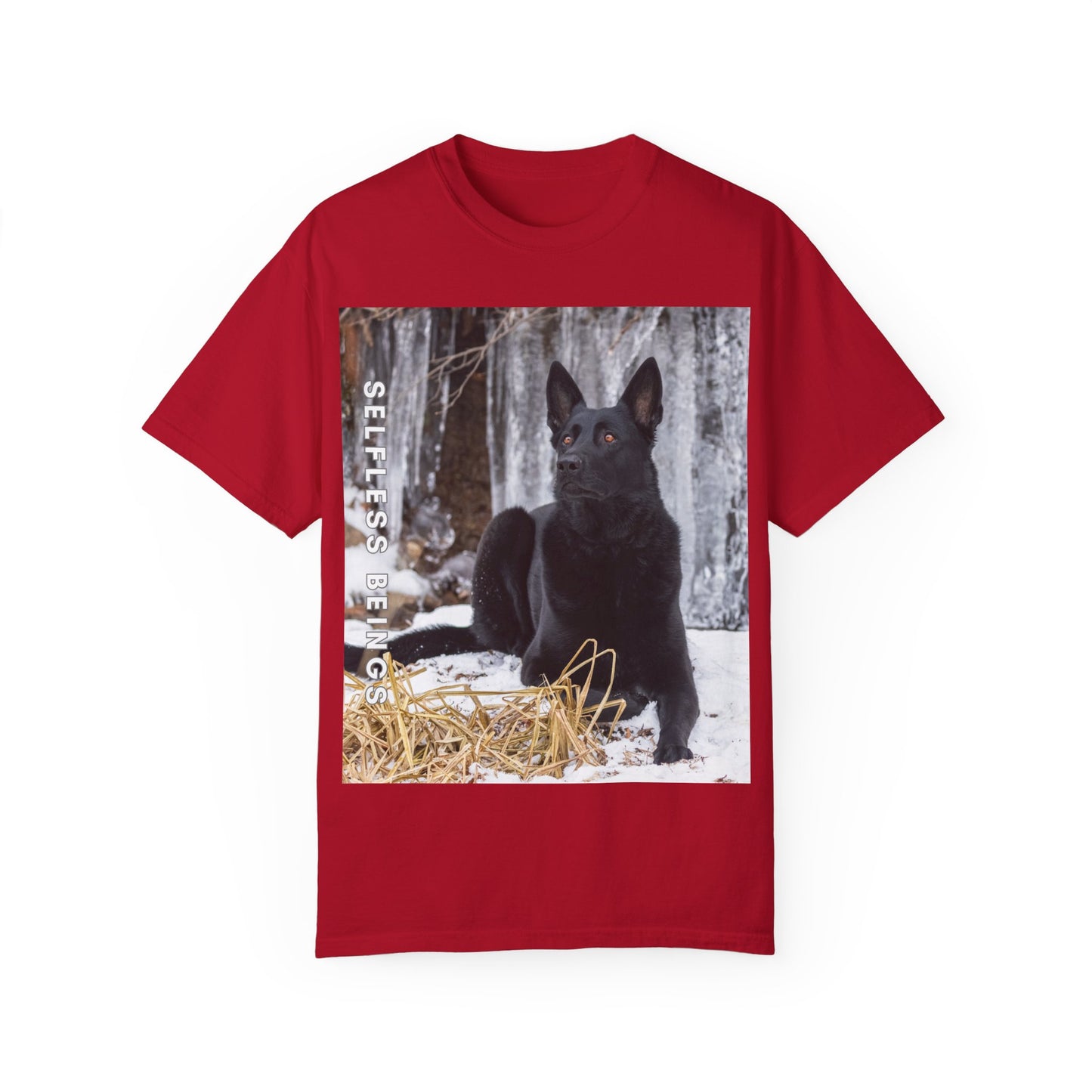 Unisex Dog Lover T-Shirt With Solid Black German Shepherd Sitting on the Snow, Ice Spikes in the Background and Caption Selfless Beings
