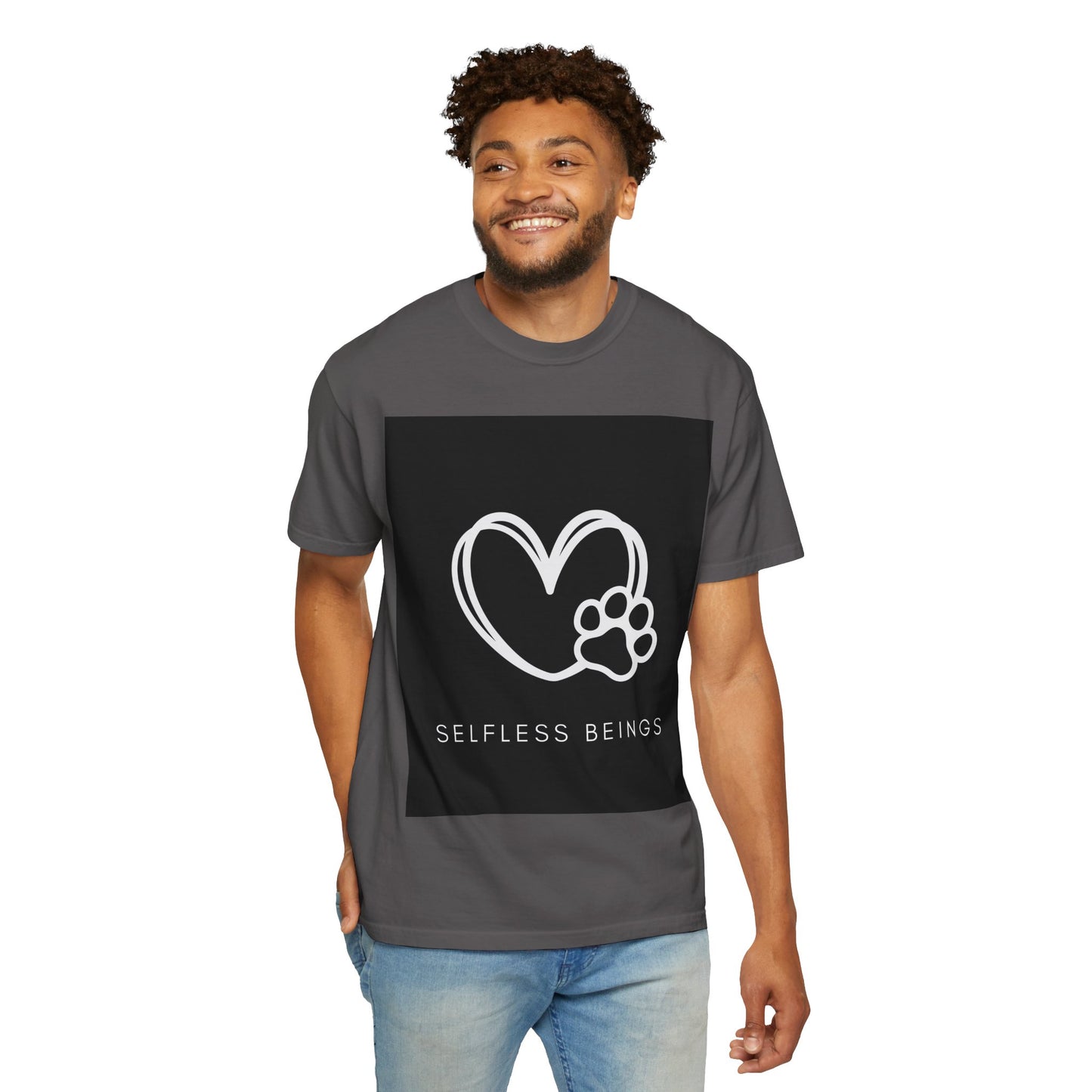 Unisex Dog Lover T-Shirt With White Heart and Dog's Paw Print on Right Side and Caption Selfless Beings