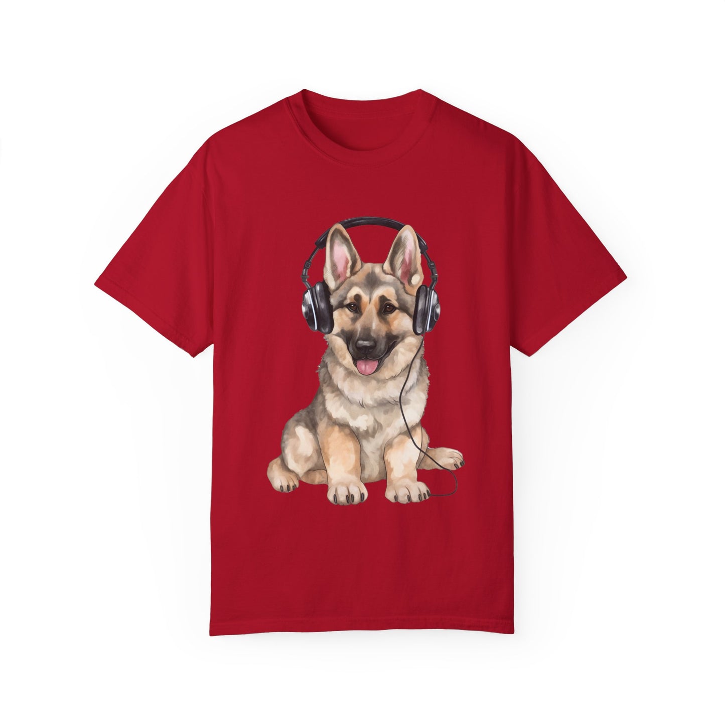 Unisex Dog Lover T-Shirt With a Graphic of German Shepherd Wearing Headphones Enjoying Music