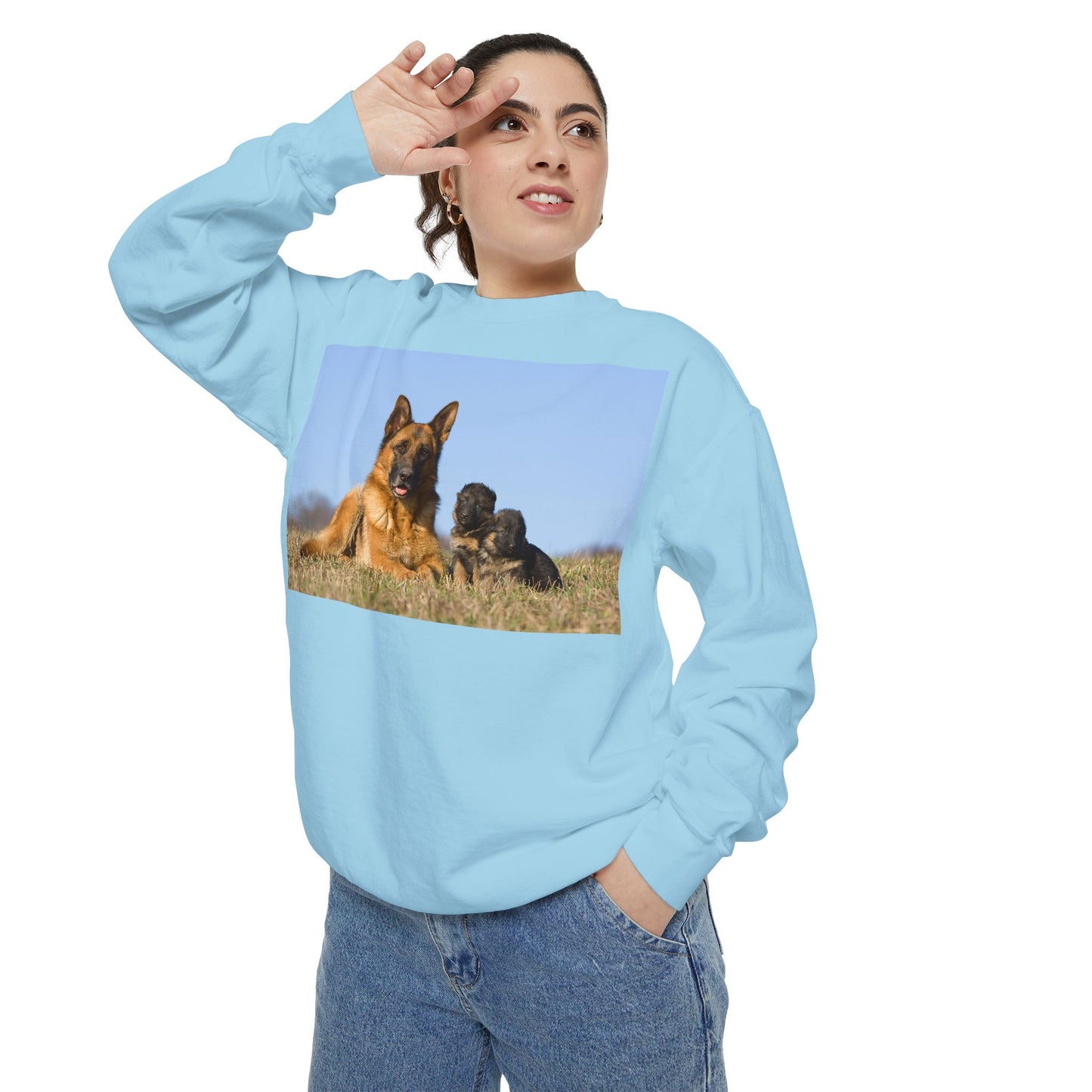 Unisex Dog Lover Sweatshirt With a German Shepherd Lying on the Grass With Two Puppies
