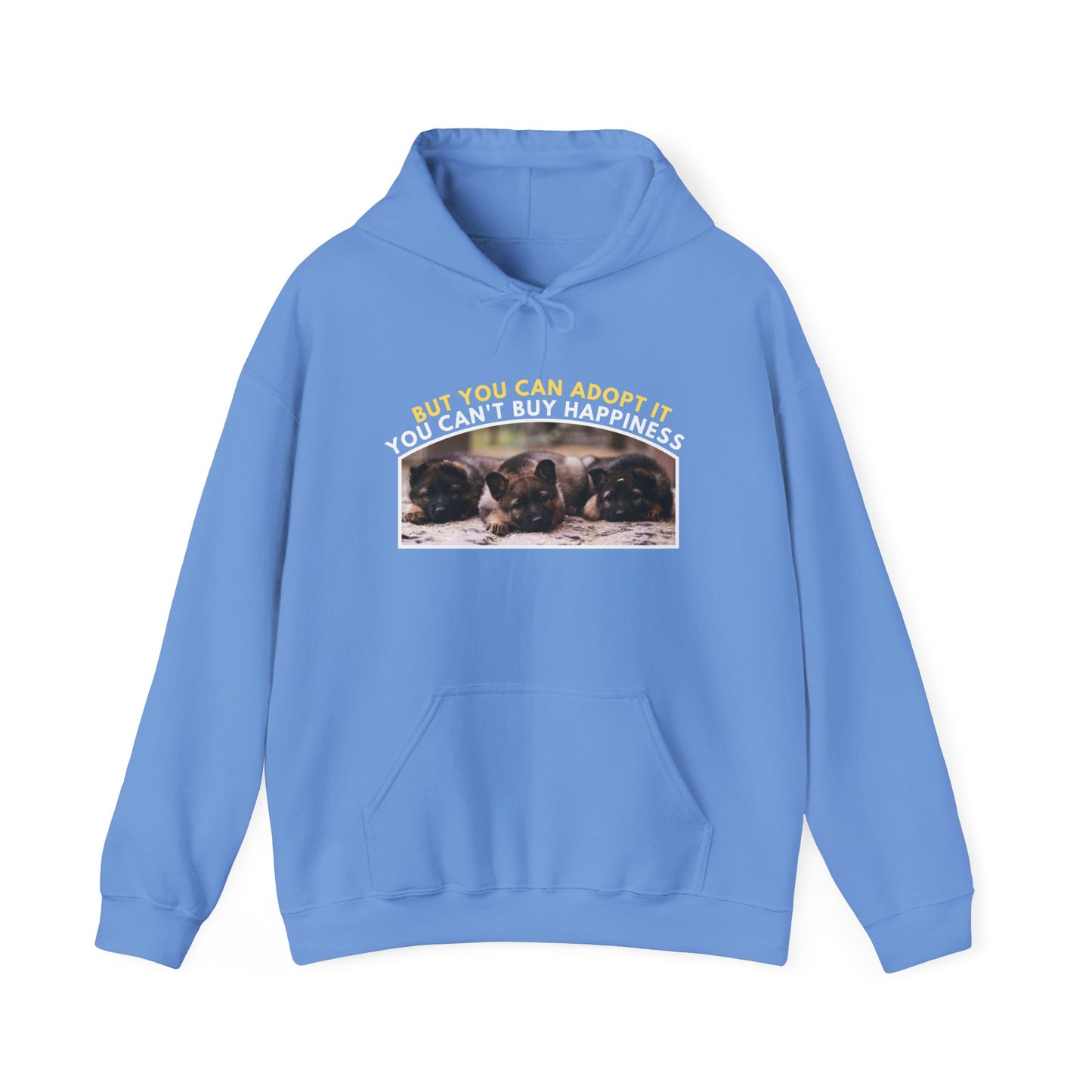 Unisex Dog Lover Hoodie With Three Cute German Shepherd Puppies Sitting in a Row and Caption You Can't Buy Happiness But You Can Adopt It