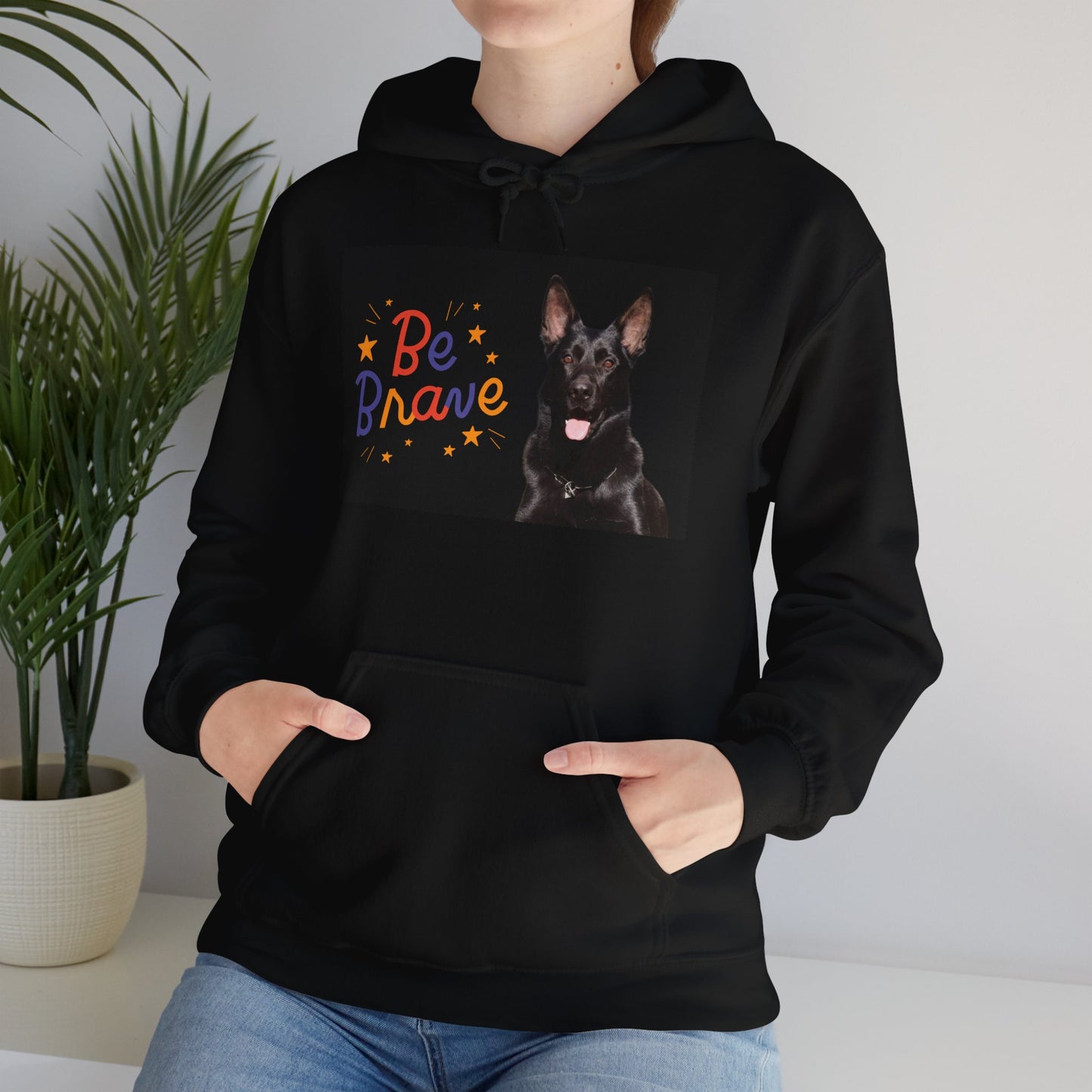 A Unisex Dog Lover Hoodie With Close Up of Solid Black German Shepherd and Caption Be Brave