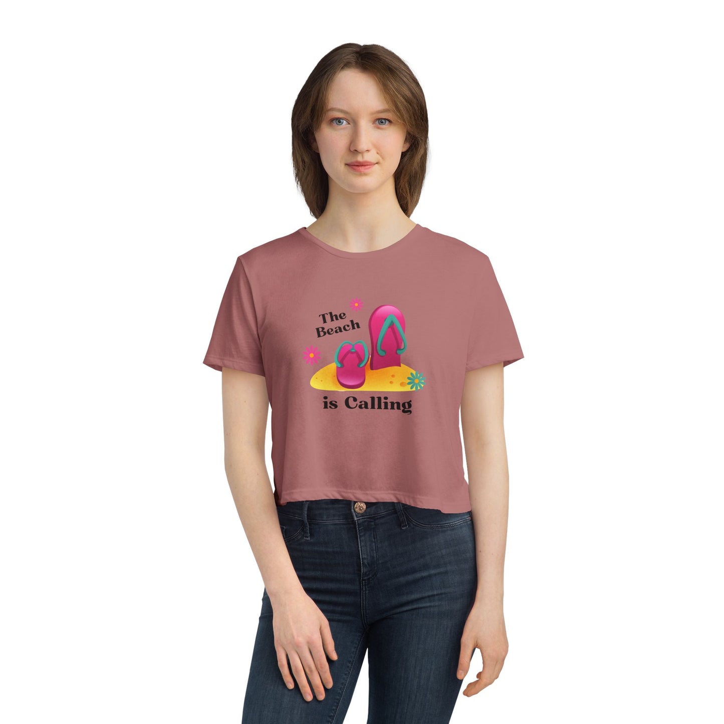 Beach Vibes Flowy Cropped Tee - The Beach is Calling, Summer Shirt, Women's Tee, Vacation Top, Beach Lover Gift, Relaxing Daywear