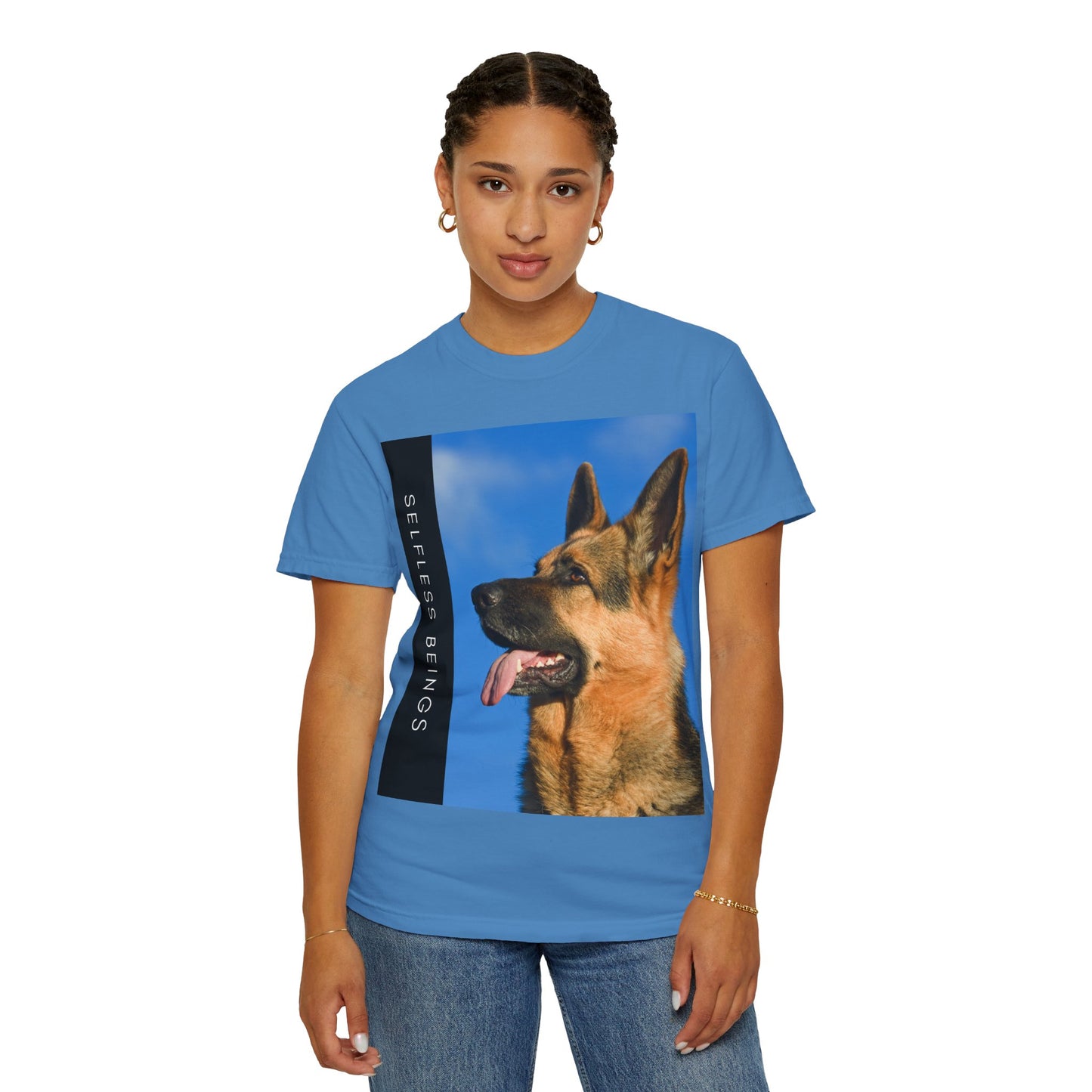 Unisex Dog Lover T-Shirt With Close Up of German Shepherd, Blue Sky in Background and Caption Selfless Beings