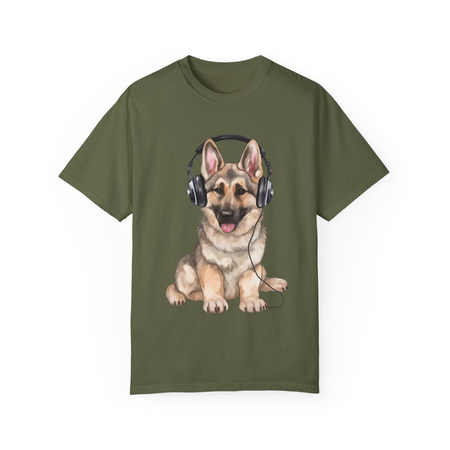 Unisex Dog Lover T-Shirt With a Graphic of German Shepherd Wearing Headphones Enjoying Music