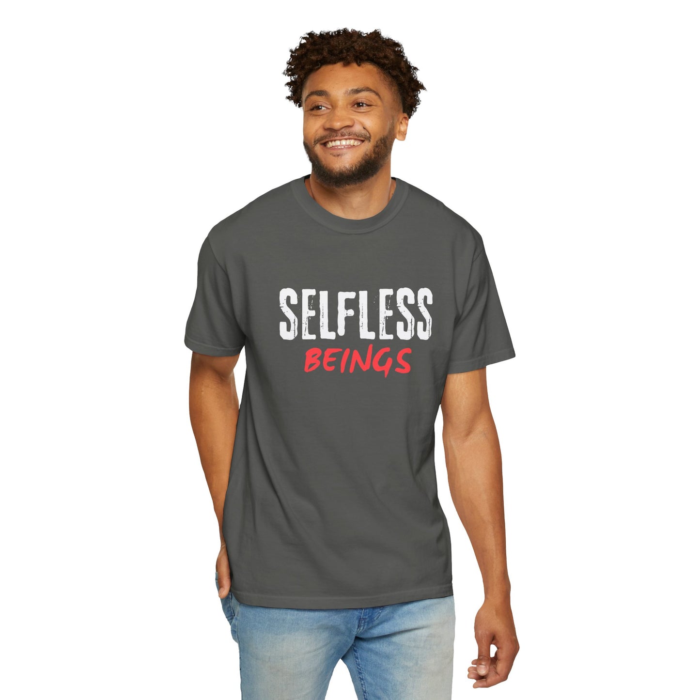 Unisex Dog Lover T-Shirt With Text "Selfless Beings" Designed Using White and Red Effect