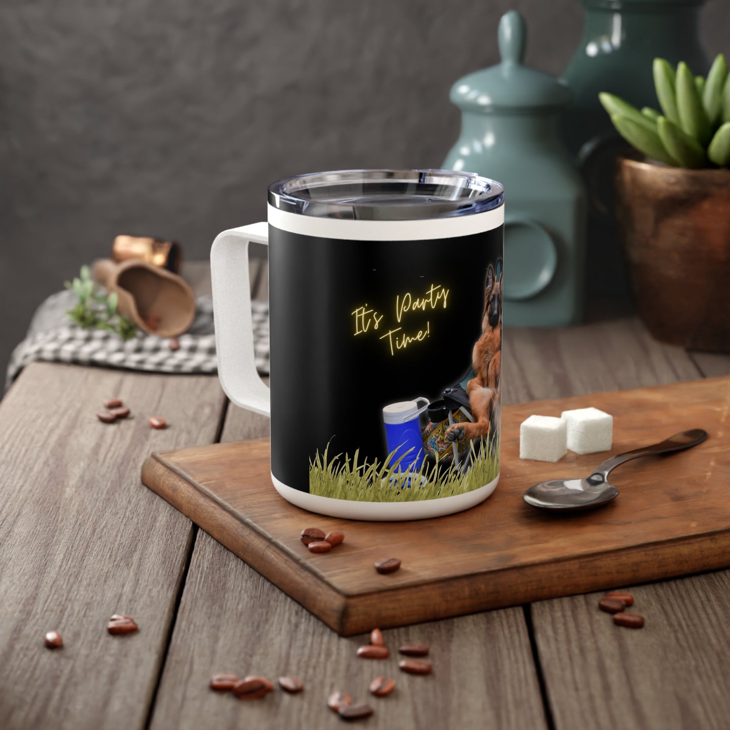 Insulated Stainless Steel Coffee Mug With a German Shepherd Enjoying Picnic On Outdoor Portable Camping Chair