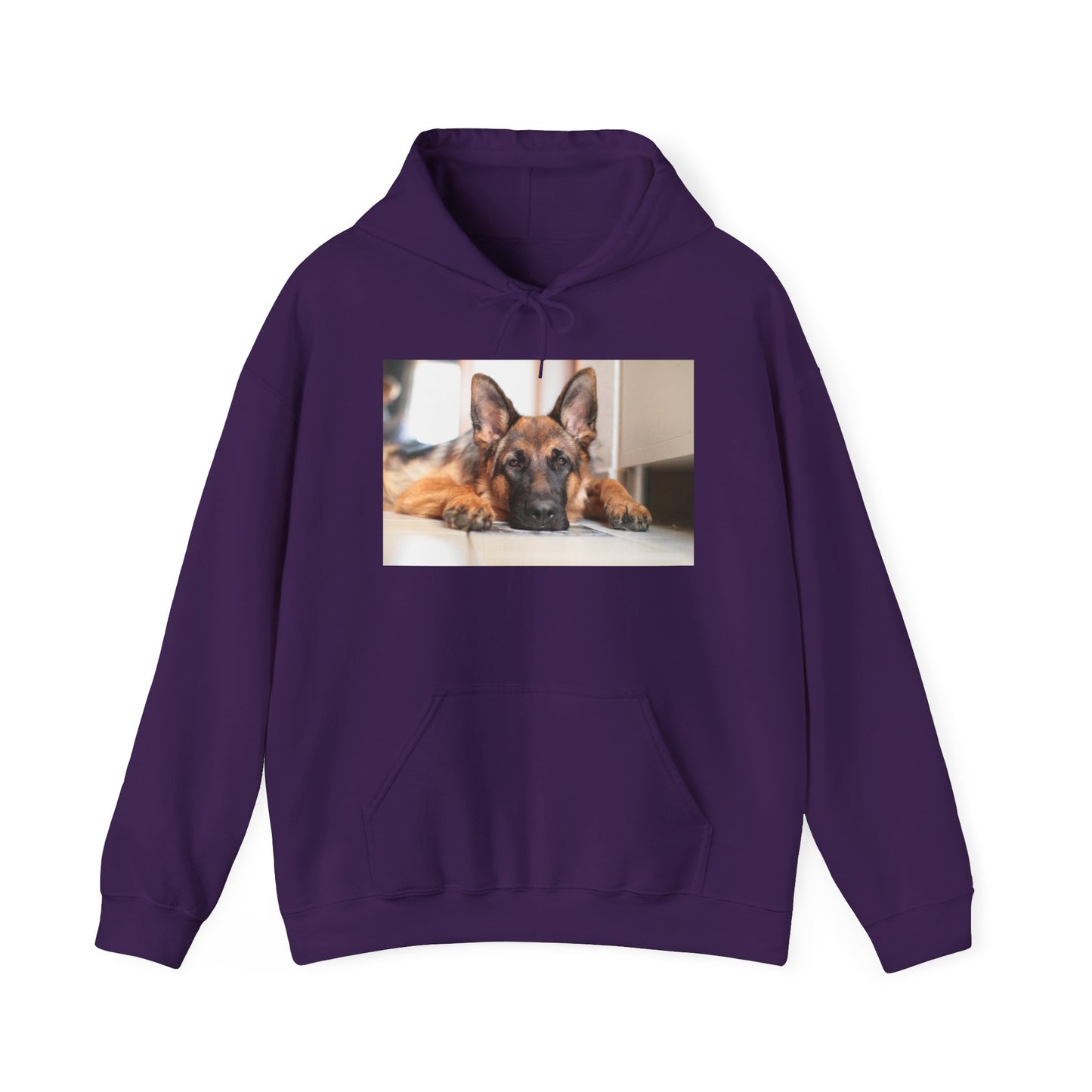 A Unisex Hoodie With a German Shepherd Lying His Head on the Floor