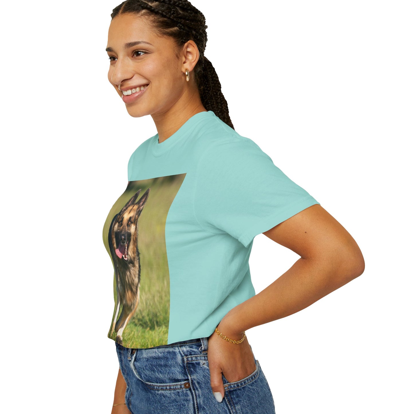 Unisex Dog Lover T-Shirt With Beautiful German Shepherd Running on the Field Leaving Tongue Out and Caption Selfless Beings