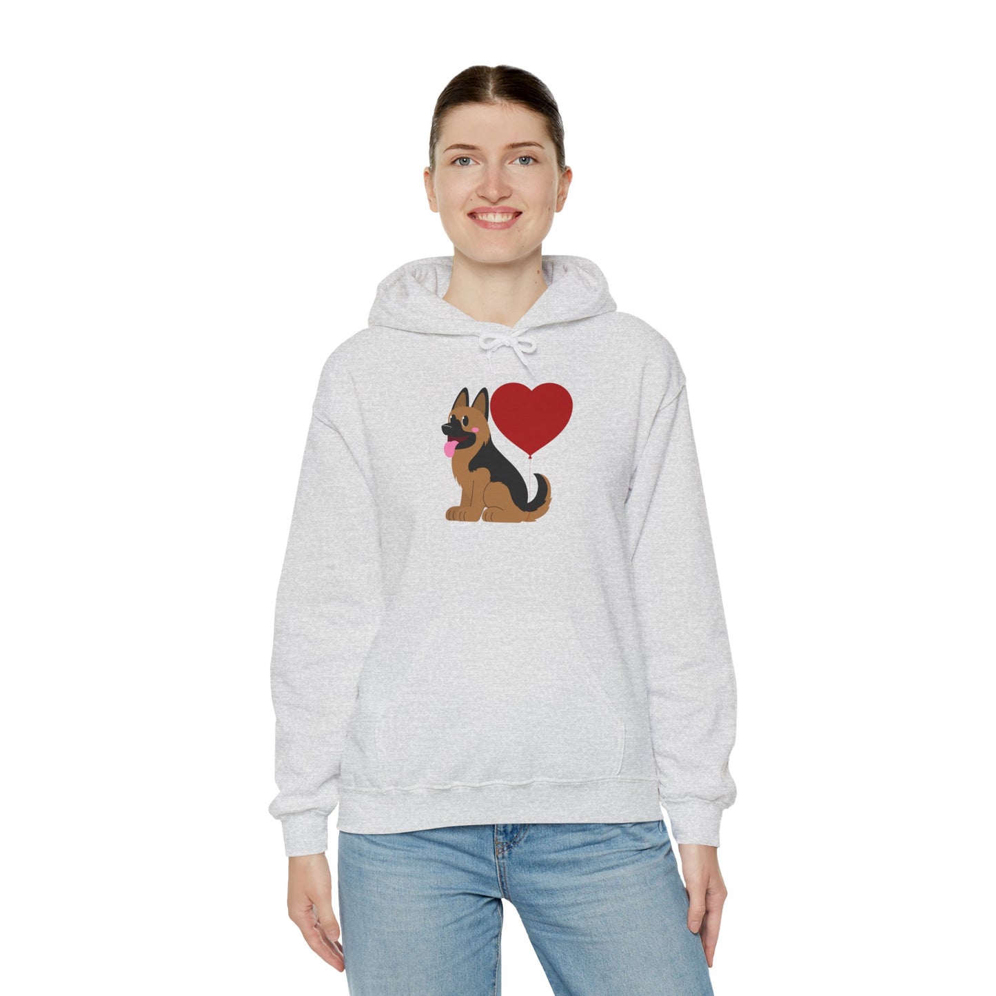 Unisex Dog Lover Hoodie With a Graphic of German Shepherd Puppy and Heart Shaped Balloon Attached With Tail