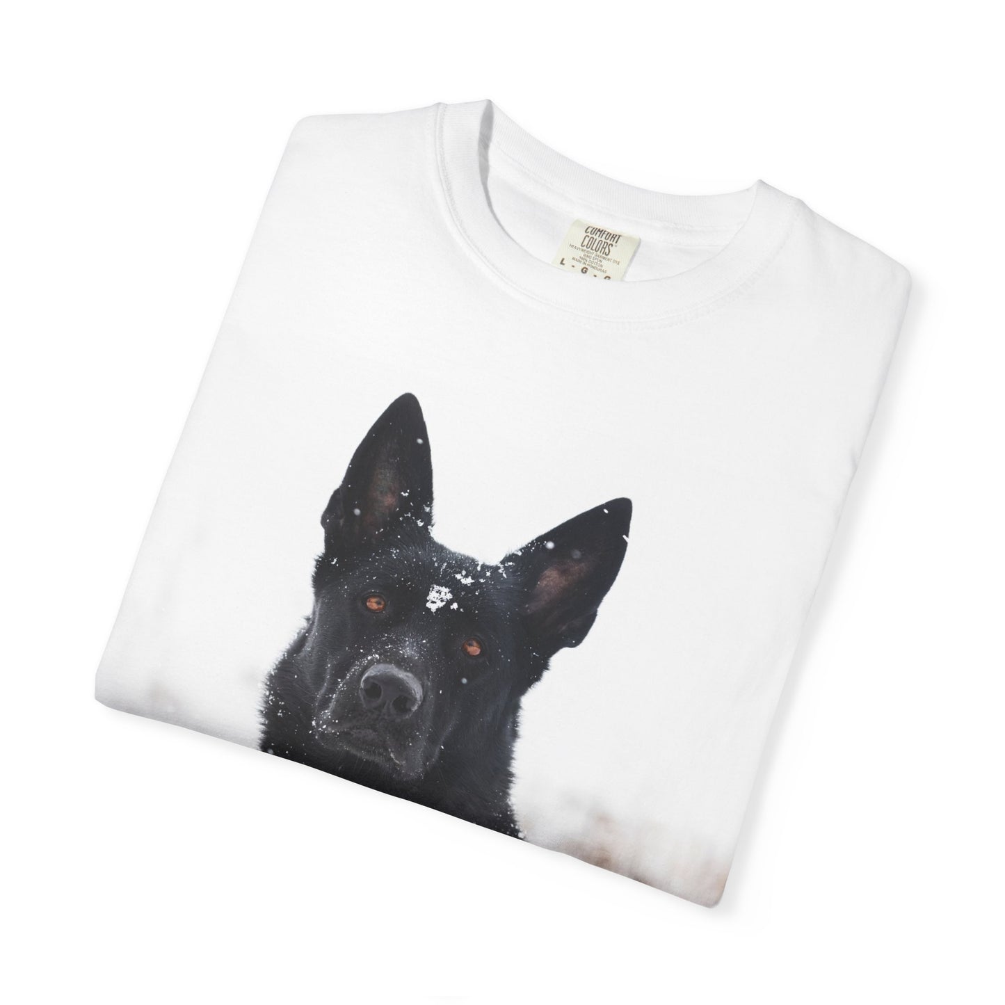 Unisex Dog Lover T-Shirt Featuring a Giant Black Working Line German Shepherd in the Snow