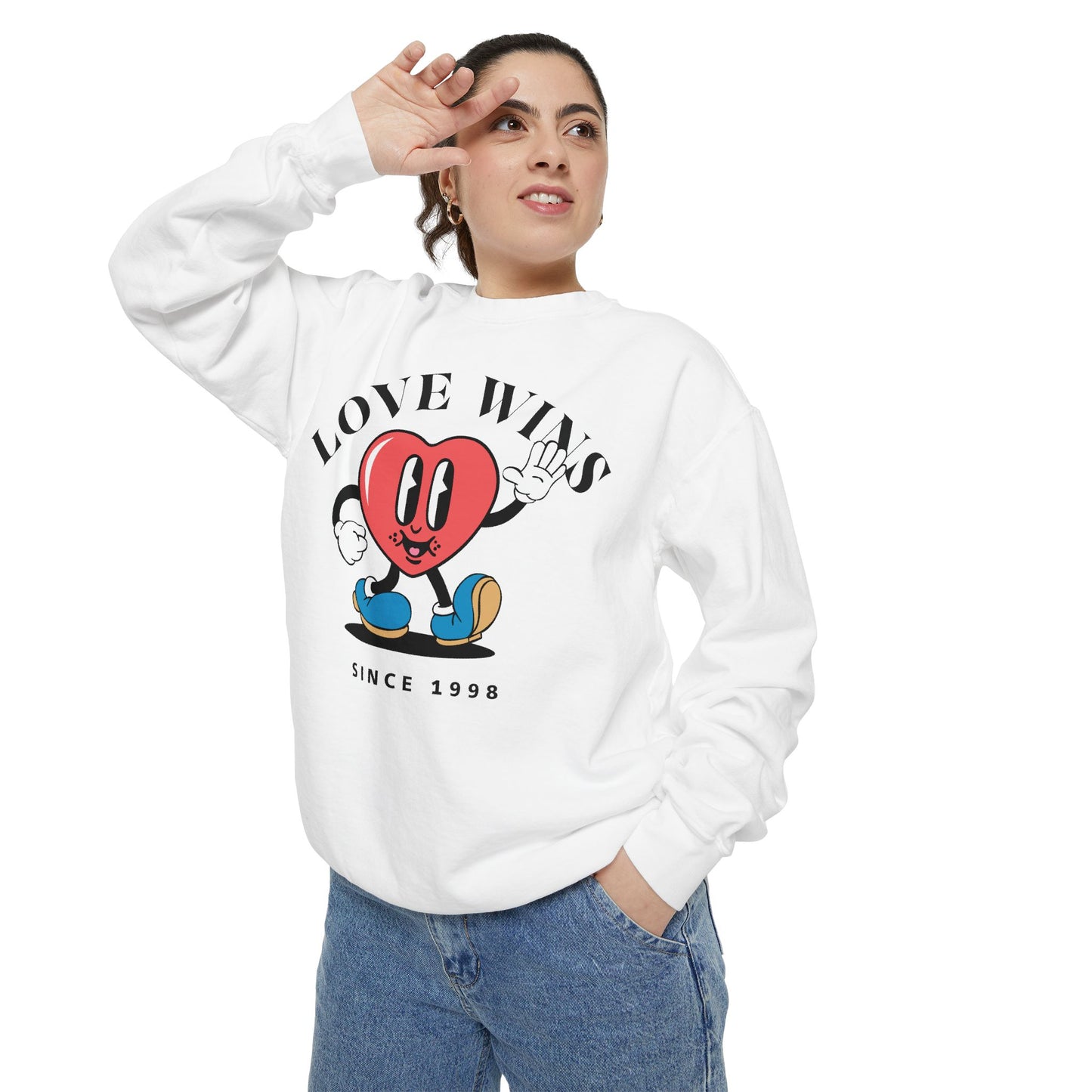 Unisex Valentine's Day Vintage Sweatshirt With a Heart Character and Caption Love Wins