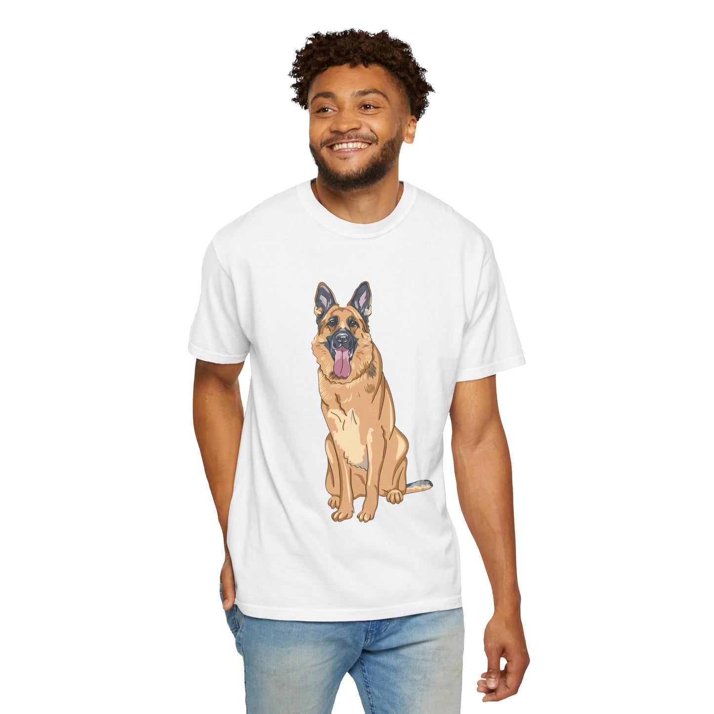 Unisex Dog Lover T-Shirt With Graphic of Giant German Shepherd Sloppily Sitting Leaving Tongue Out