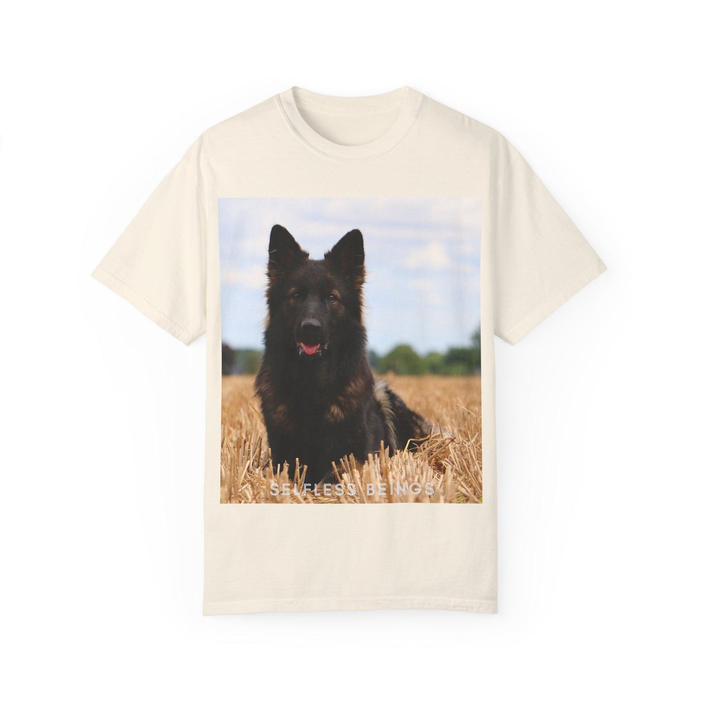 Unisex Dog Lover T-Shirt With Beautiful German Shepherd Sitting Over a Stover and Caption Selfless Beings