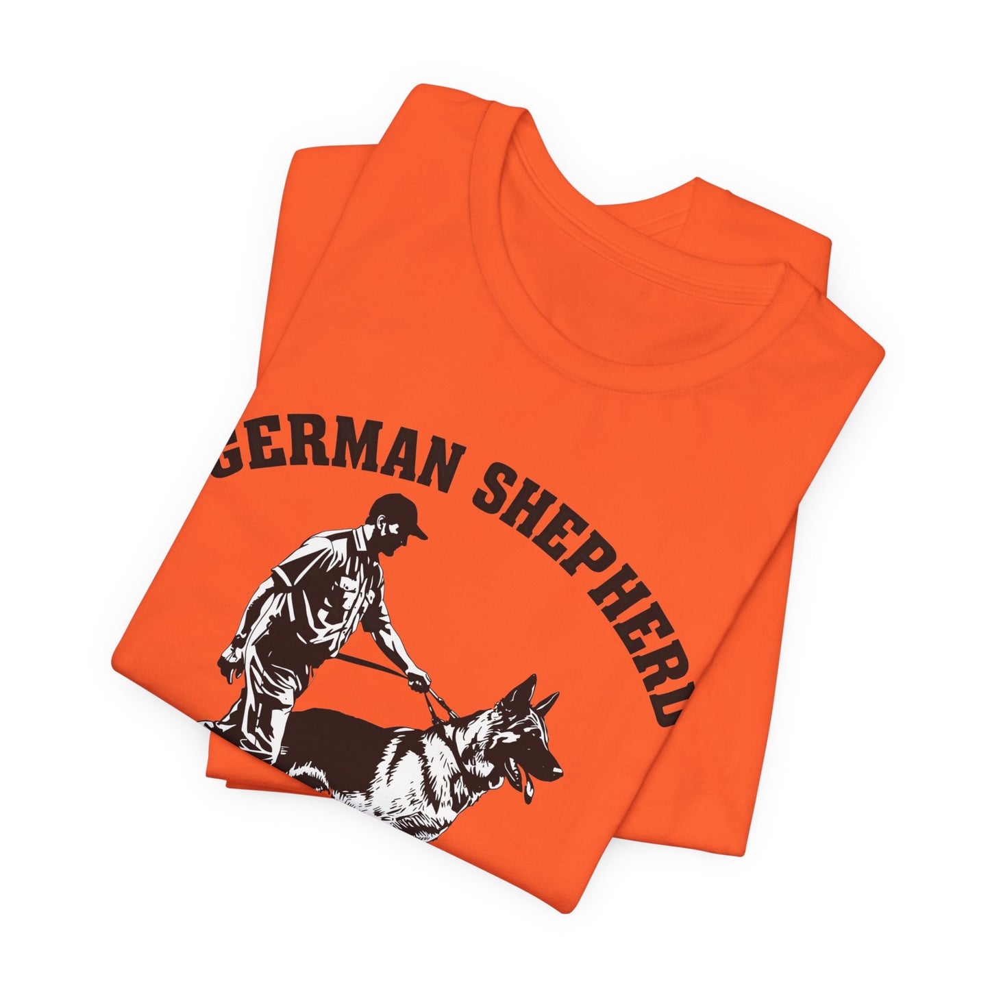 German Shepherd Trainer Tee - Black and White Design of Man Holding a German Shepherd