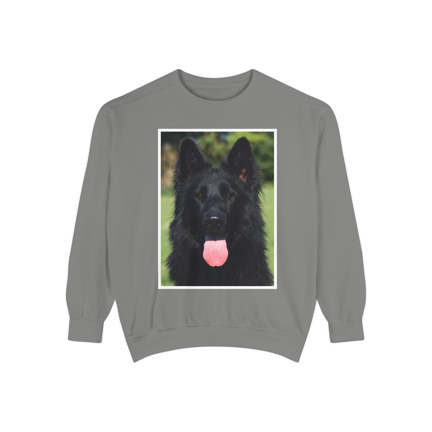 Unisex Dog Lover Sweatshirt With a Close Up of Solid Black German Shepherd Leaving Hanging Tongue