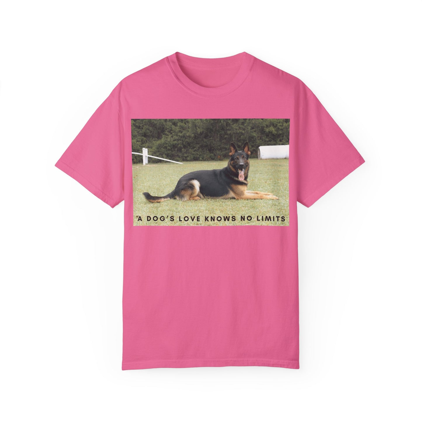 Unisex Dog Lover T-Shirt With a Giant German Shepherd Resting On the Grass Leaving Tongue Out and Text A Dog's Love Knows