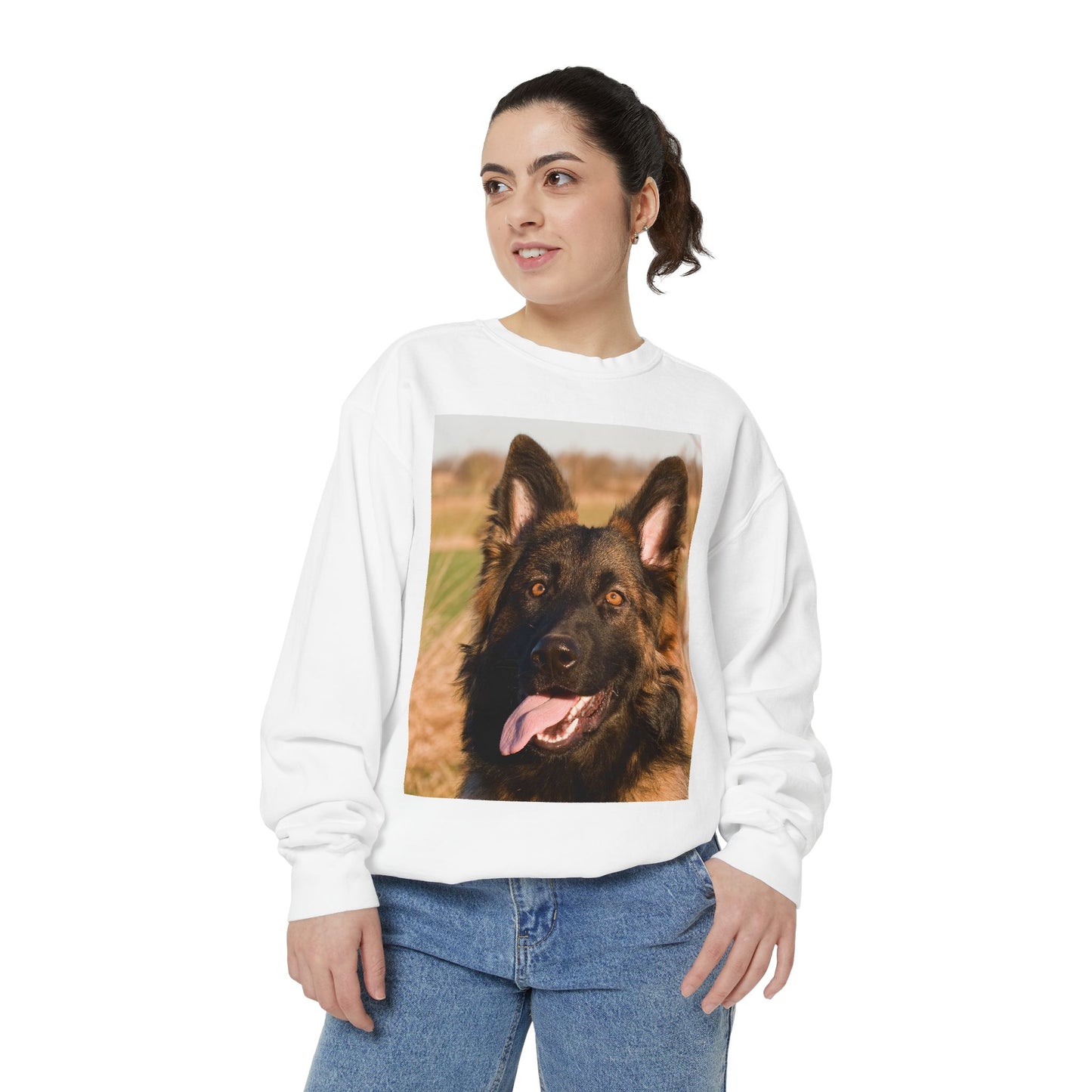 Unisex Dog Lover Sweatshirt With Close Up of Long Coat German Shepherd Sticking Tongue Out