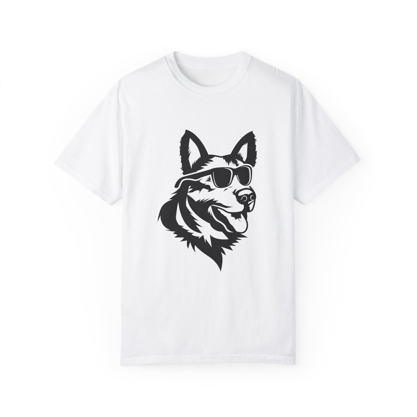 Unisex Dog Lover T-Shirt With a Graphic of Close Up Faced German Shepherd Wearing Black Glasses