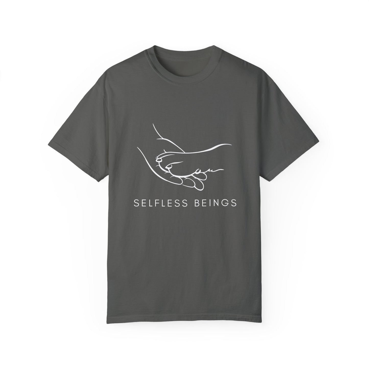Unisex Dog Lover T-Shirt With Illustration of Dog Paw on Human Hand and Caption Selfless Beings Below