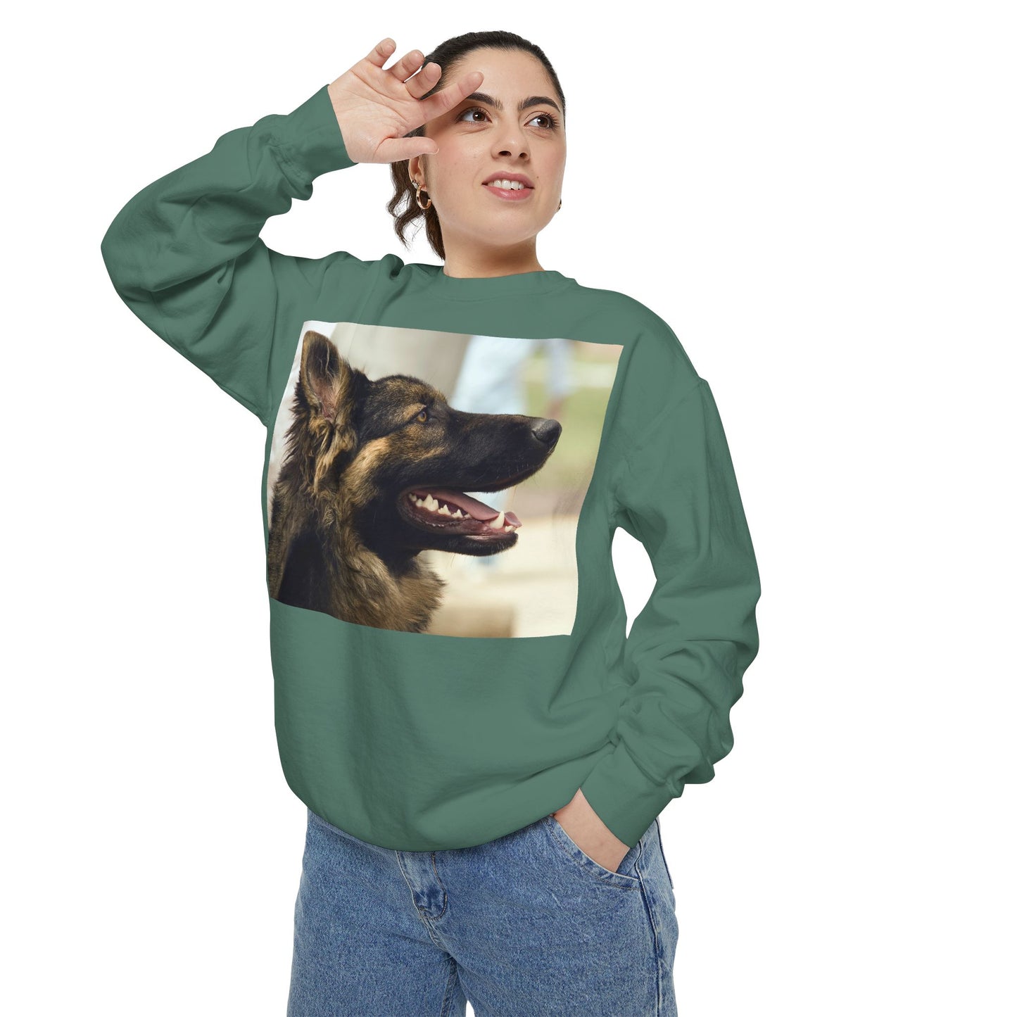 Unisex Dog Lover Sweatshirt With Close Up of Working German Shepherd Mouth Opened