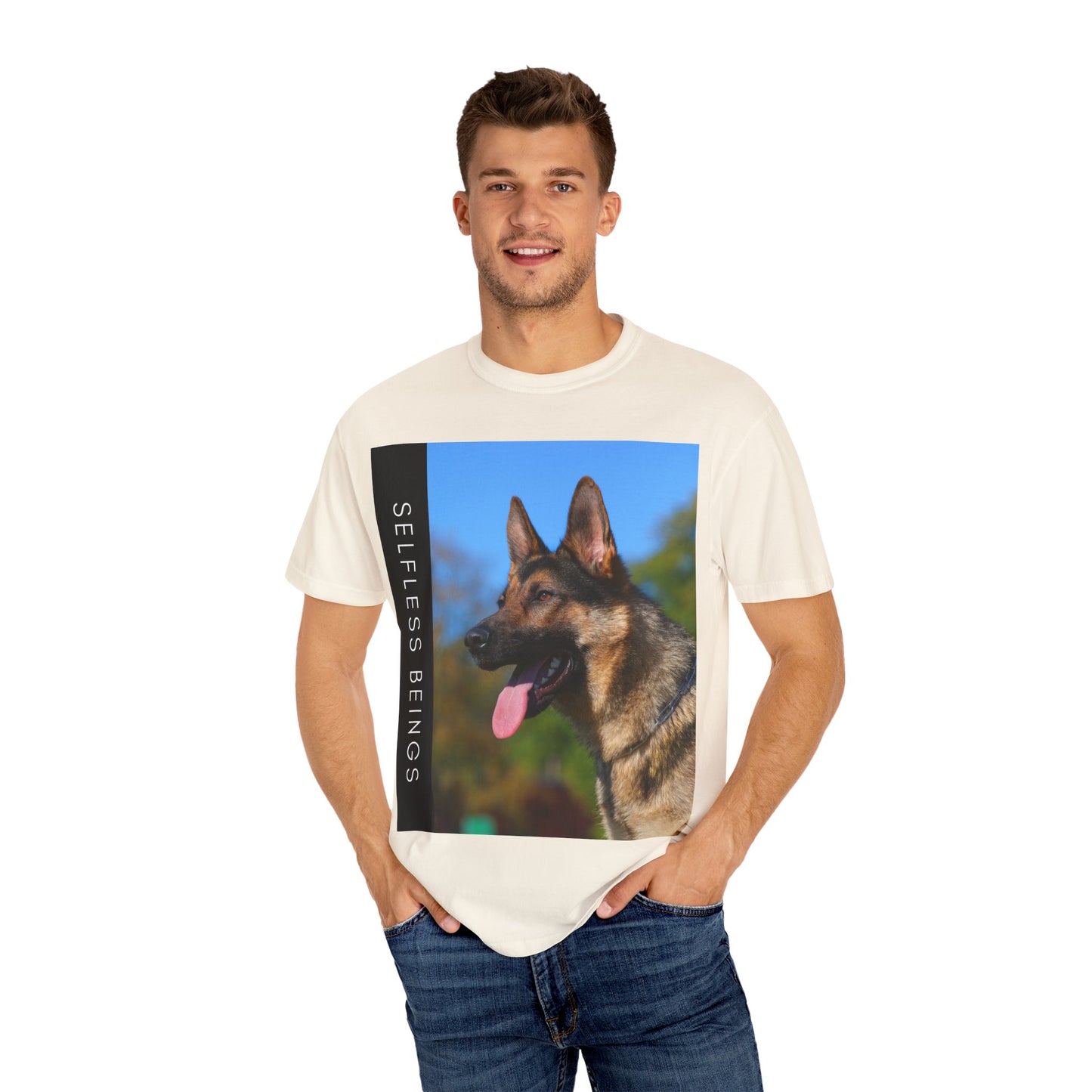 Unisex Dog Lover T-Shirt With a Portrait of a German Shepherd Over Nature Background and Caption Selfless Beings
