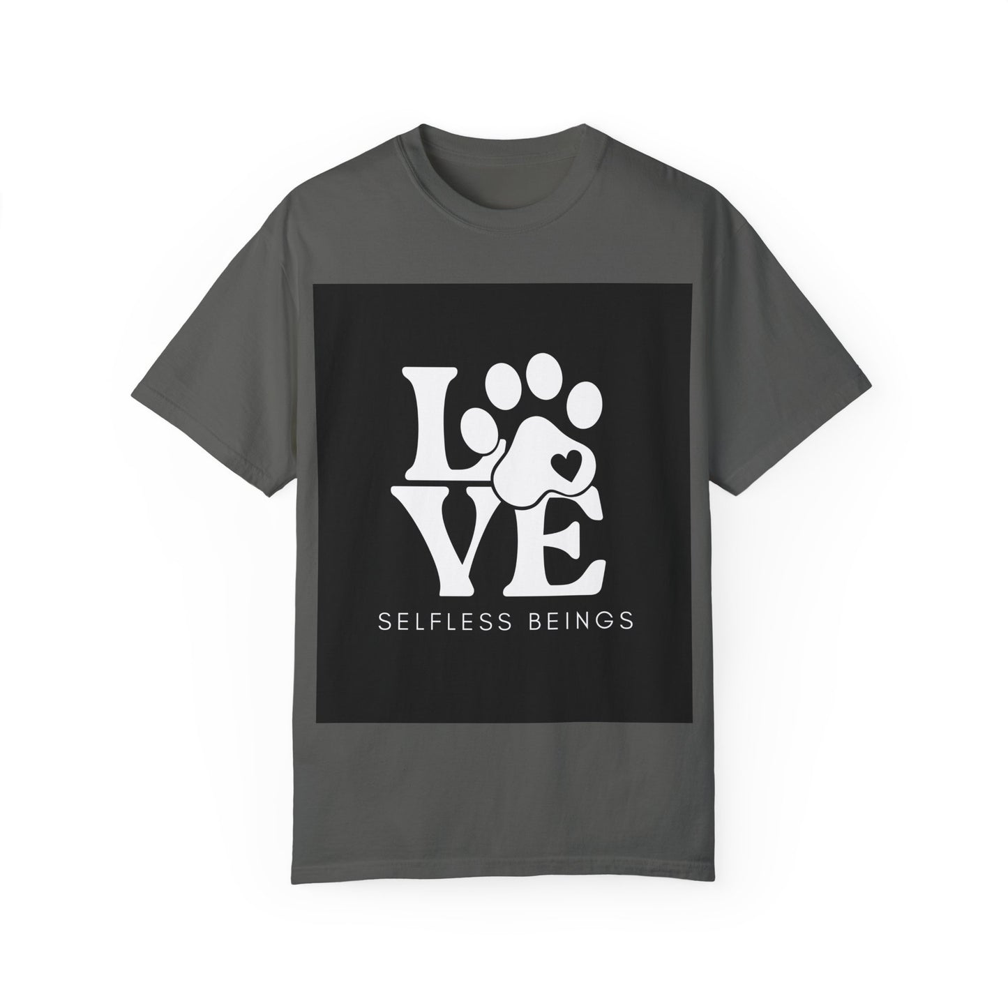 Unisex Dog Lover T-Shirt With Graphic of Love Dog-Paw and Caption Selfless Beings